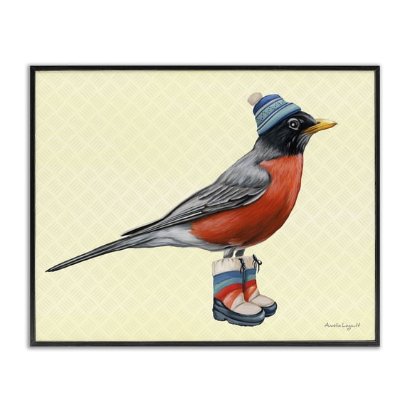 Stupell Industries Bohemian Robin Cozy Winter Boots Hat Yellow Hatched Pattern Black Framed Giclee Art, 14 x 11, by Amelie Legault