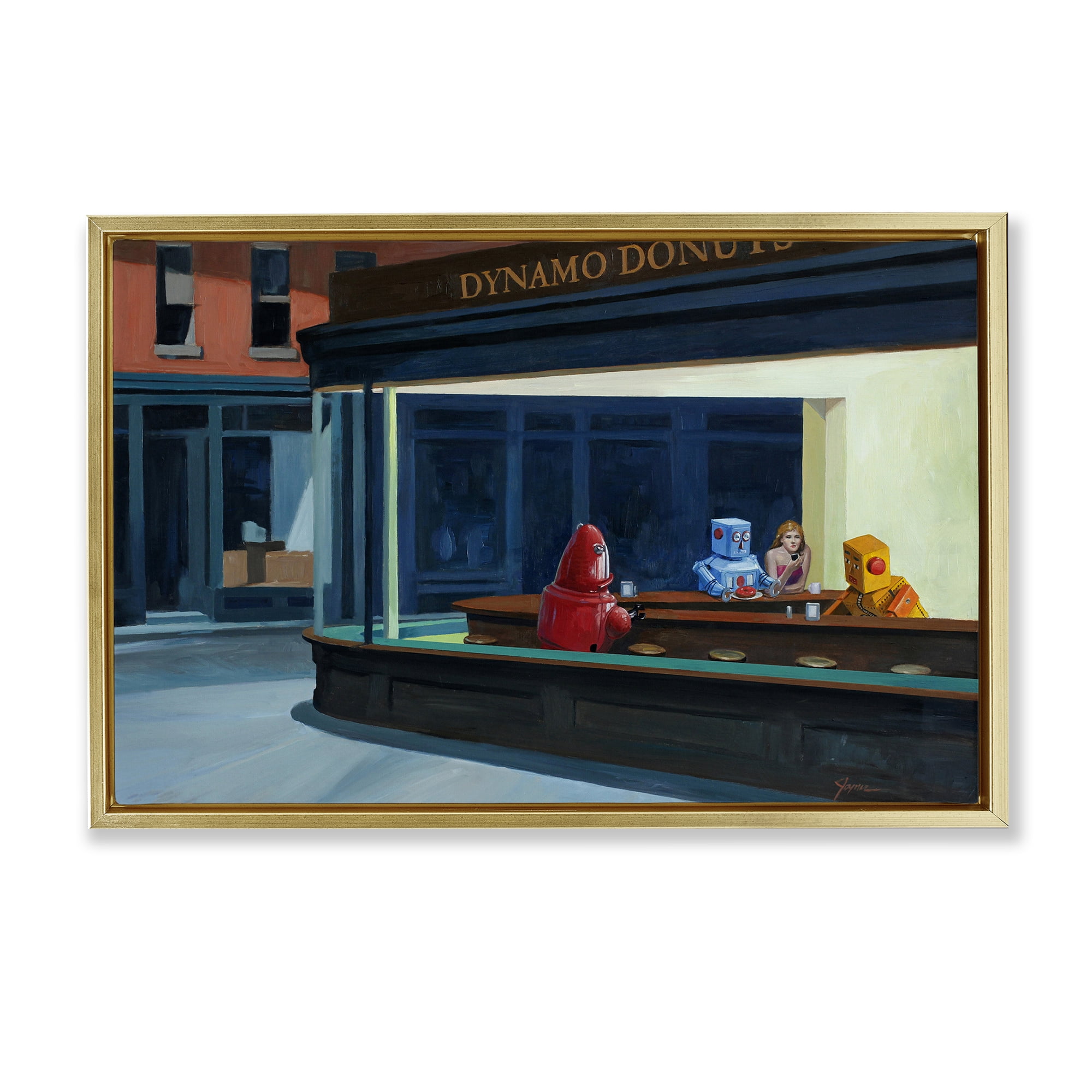 Stupell Industries Robots in Donut Shop Gold Framed Floater Canvas Wall Art, design by Eric Joyner
