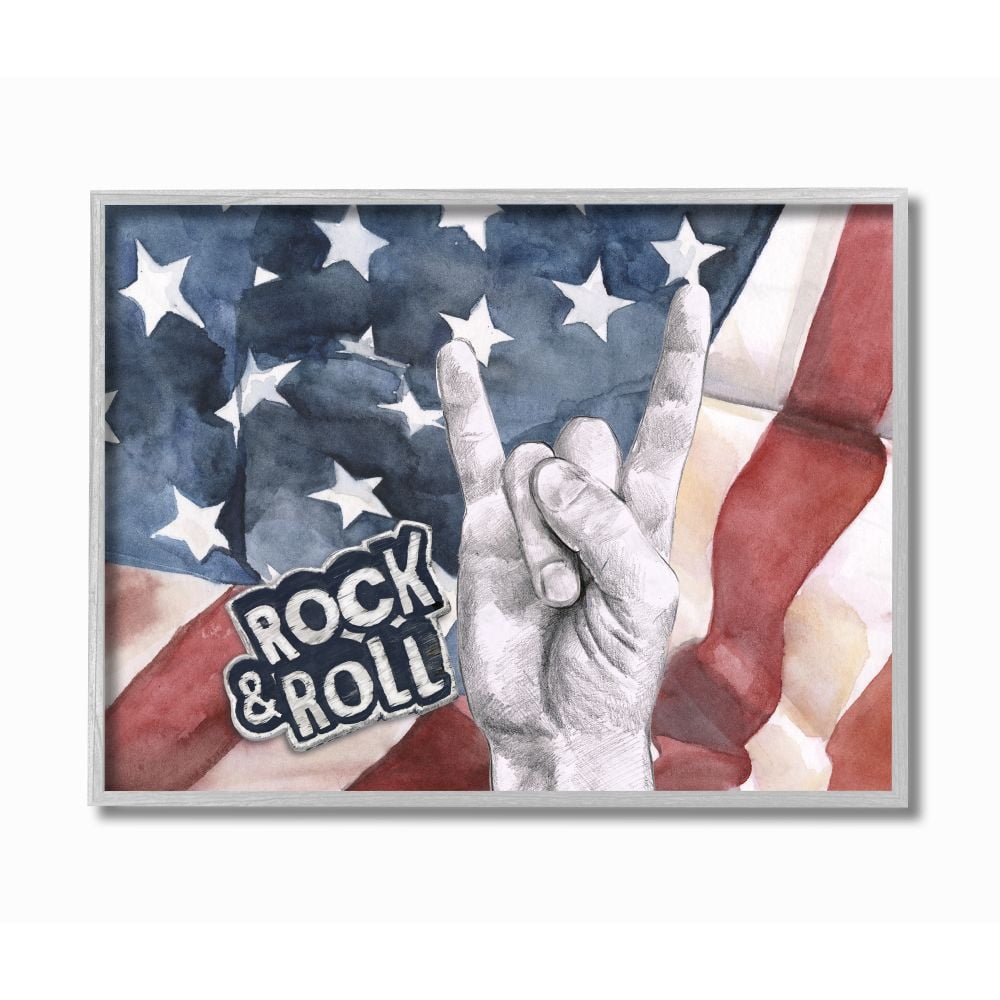 Stupell Industries Rock And Roll Hand And American Flag Design Graphic Art Gray Framed Art Print Wall Art, 16x20, by Jennifer Paxton Parker