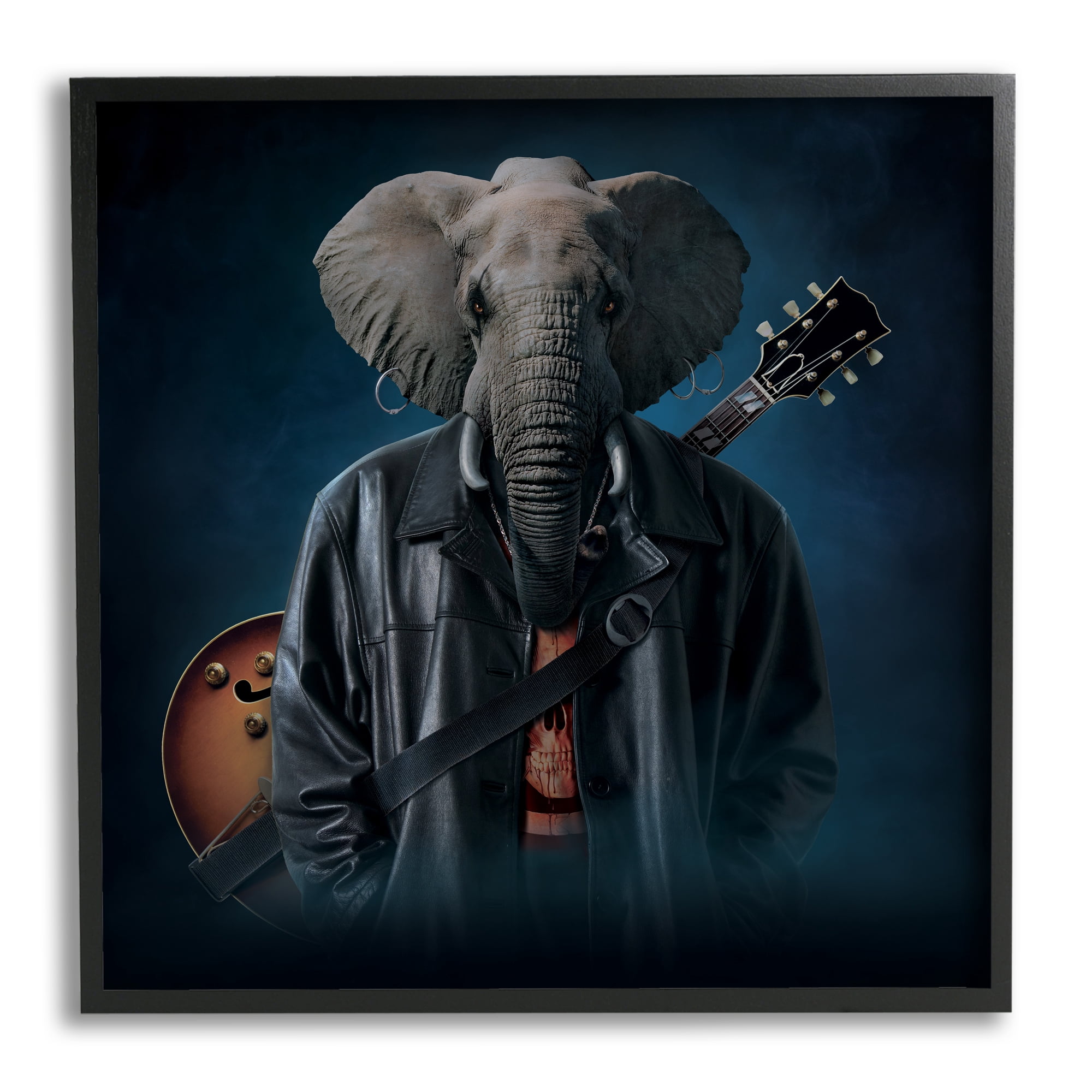 Stupell Industries Rock Musician Elephant Animals & Insects Painting Black Framed Art Print Wall Art, 17 x 17