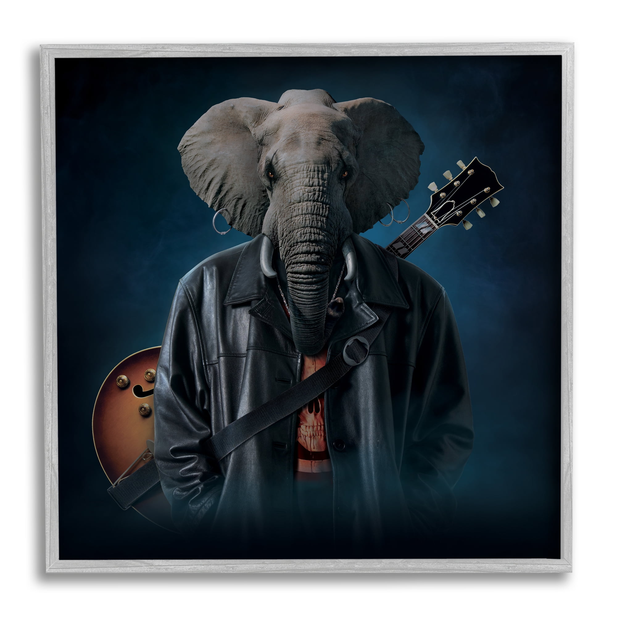 Stupell Industries Rock Musician Elephant Animals & Insects Painting Gray Framed Art Print Wall Art, 12 x 12