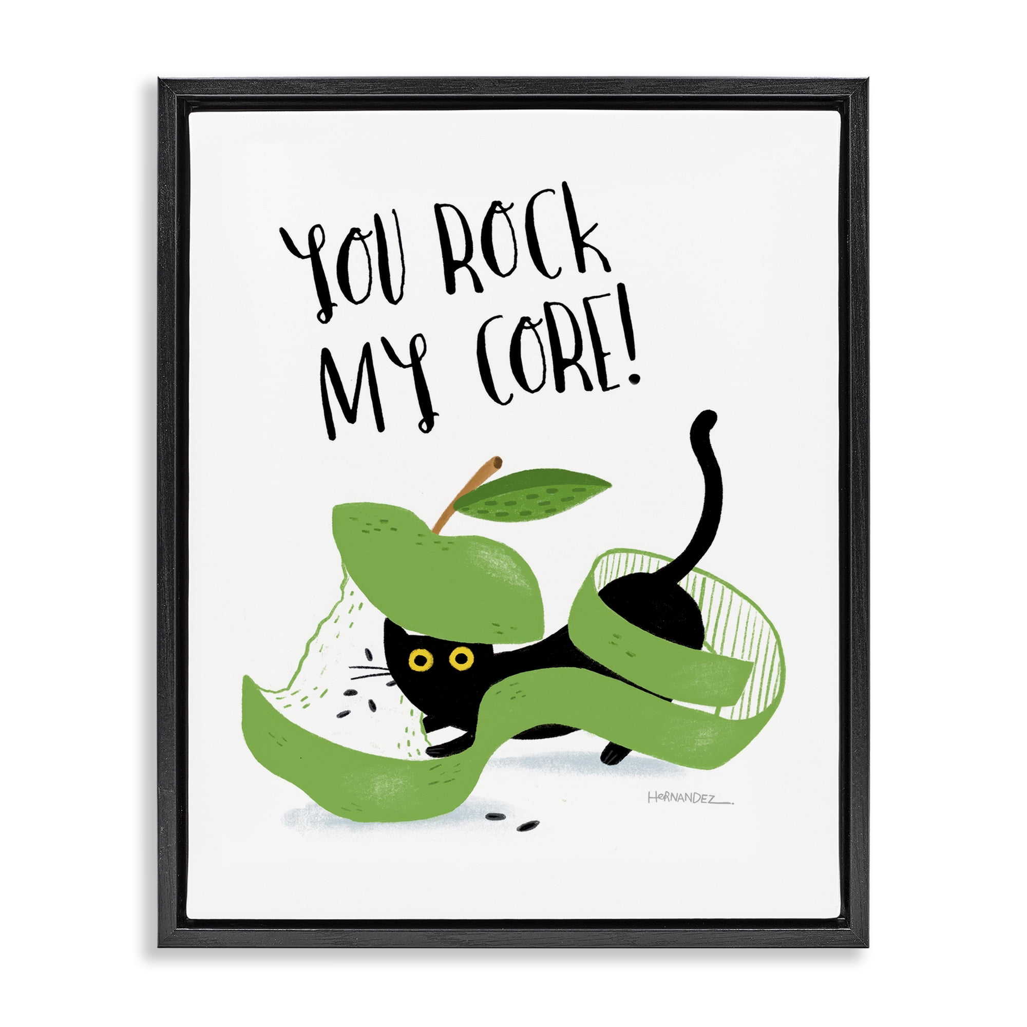 Stupell Industries Rock My Core Cat Animals Painting Black Floater Framed Canvas Art Print Wall Art, 17 x 21
