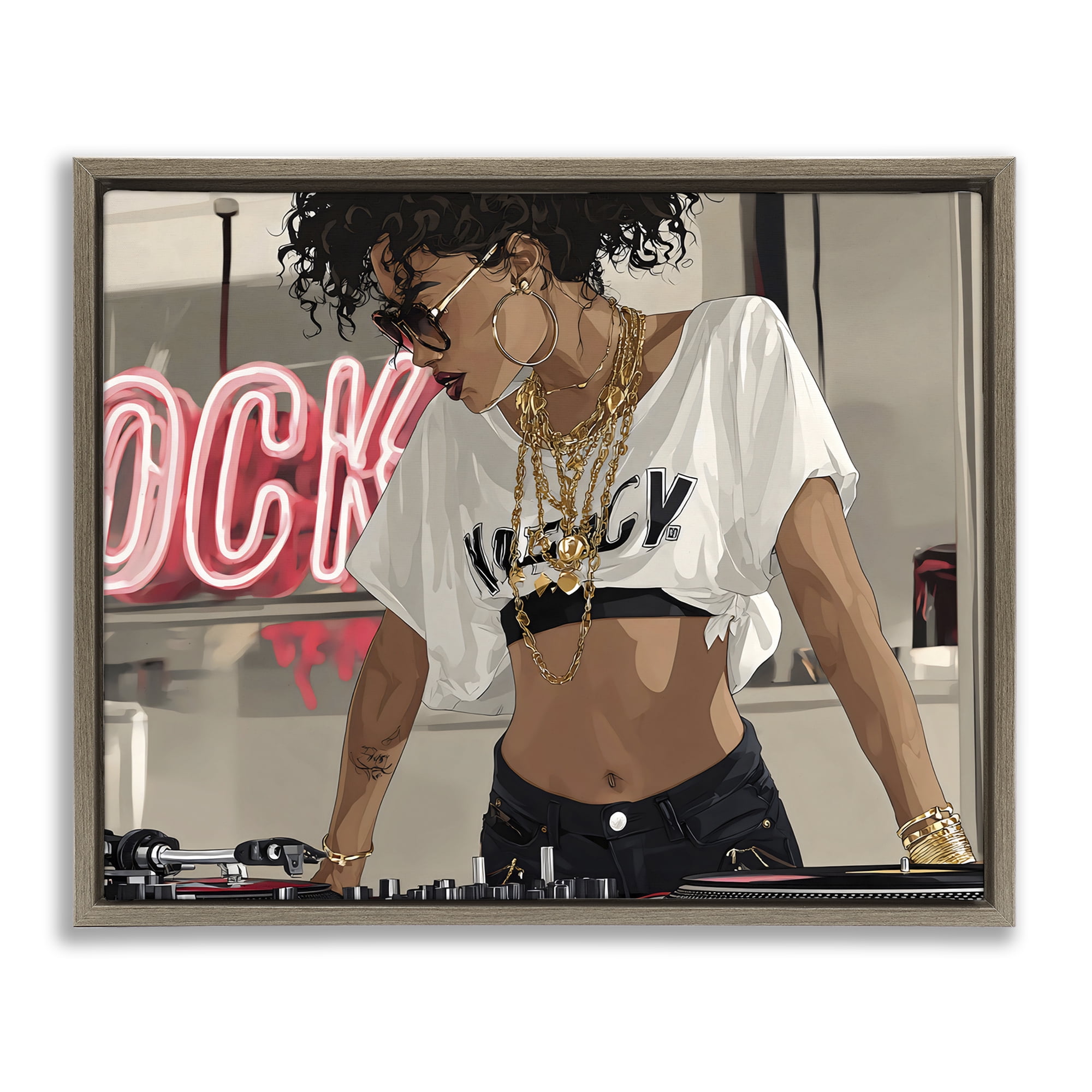 Stupell Industries Rock Neon DJ Music Brown Framed Floater Canvas Wall Art, design by Franklyn Gregory