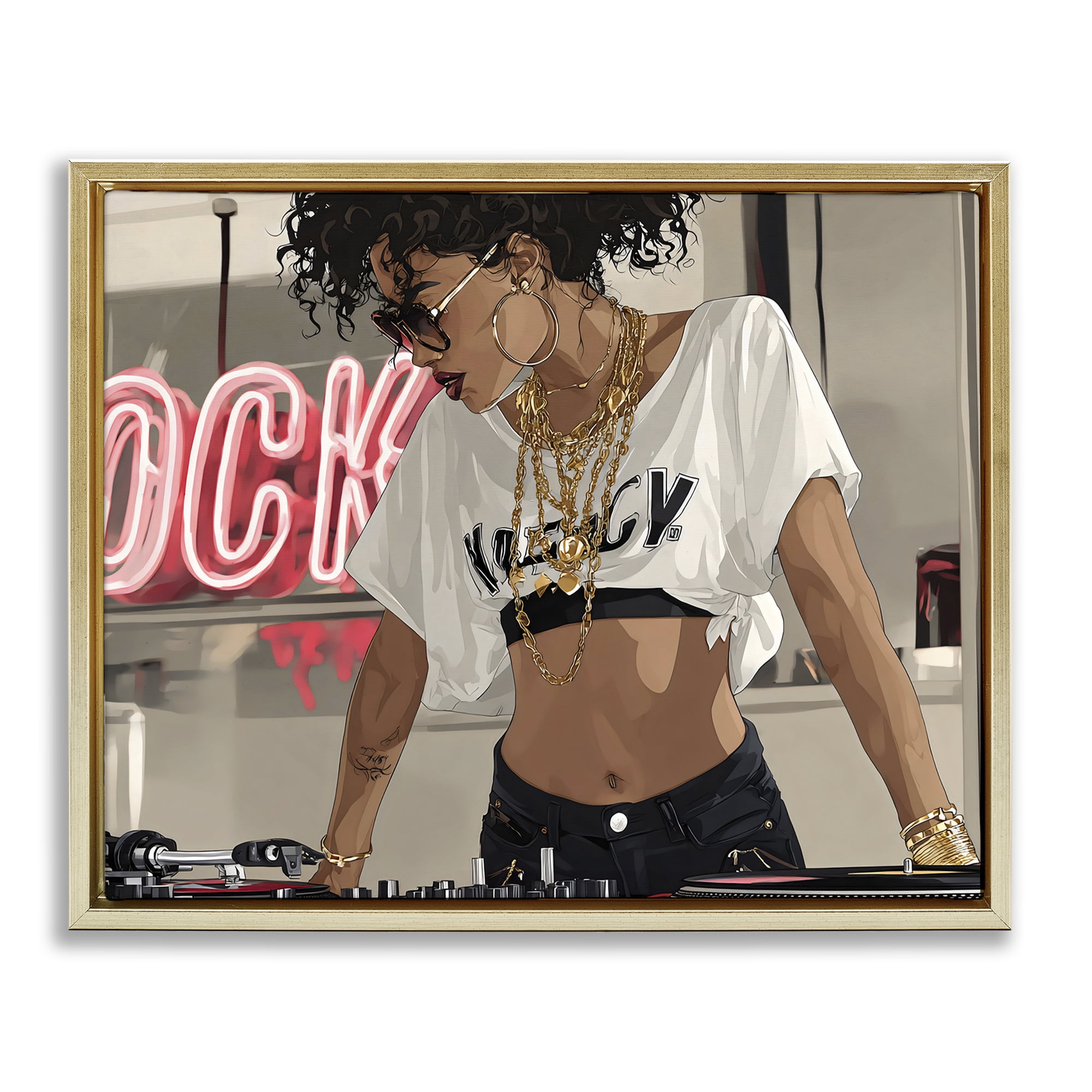 Stupell Industries Rock Neon DJ Music Gold Framed Floater Canvas Wall Art, design by Franklyn Gregory