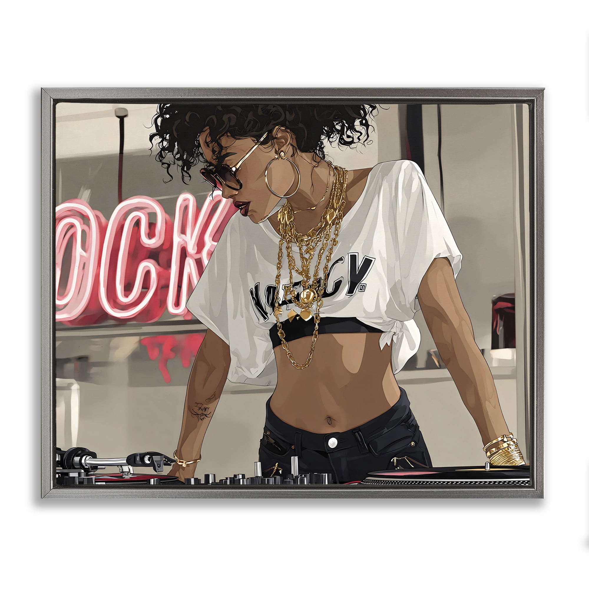 Stupell Industries Rock Neon DJ Music Gray Framed Floater Canvas Wall Art, design by Franklyn Gregory