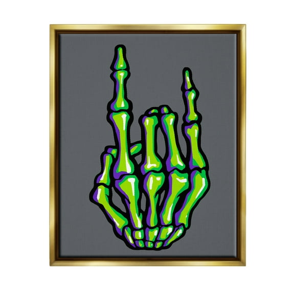 Stupell Industries Rock On Skeleton Hand Holiday Painting Gold Floater Framed Art Print Wall Art, 17 x 21