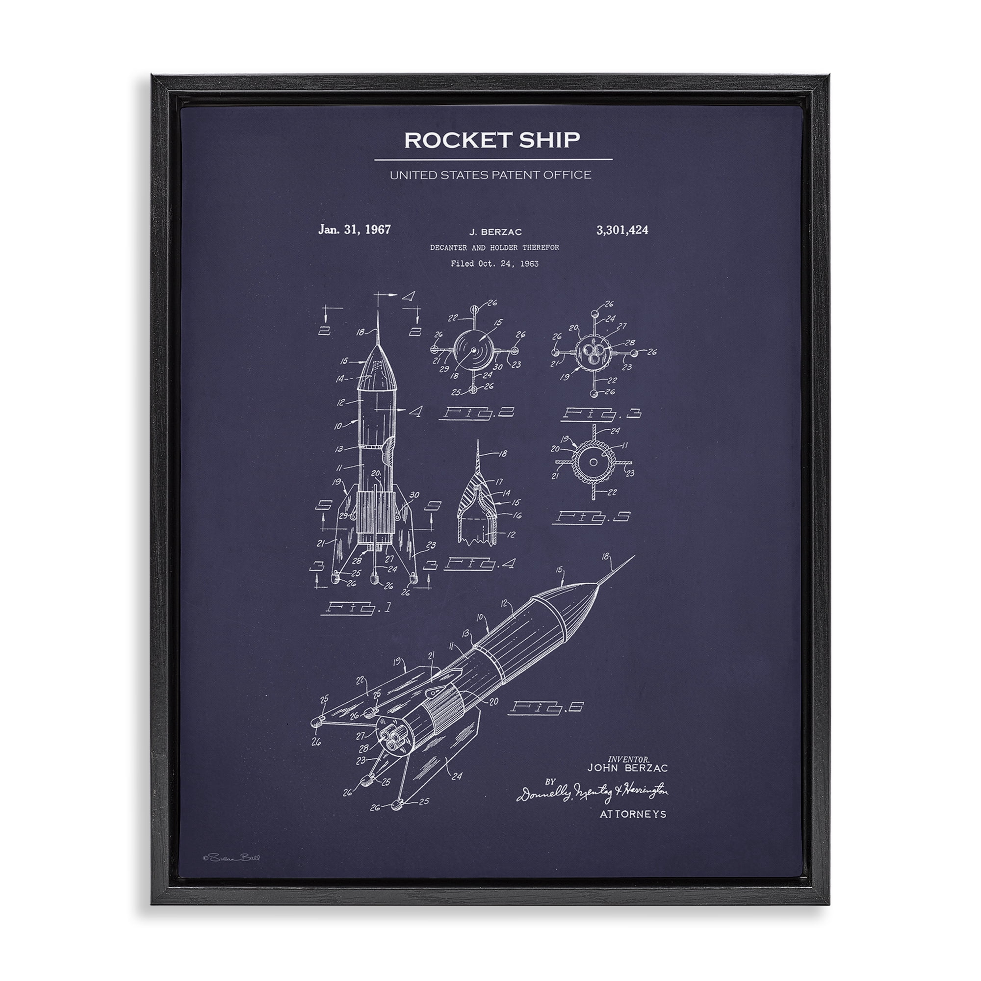 Stupell Industries Rocket Ship Blueprint Transportation Painting Black Floater Framed Art Print Wall Art, 17 x 21