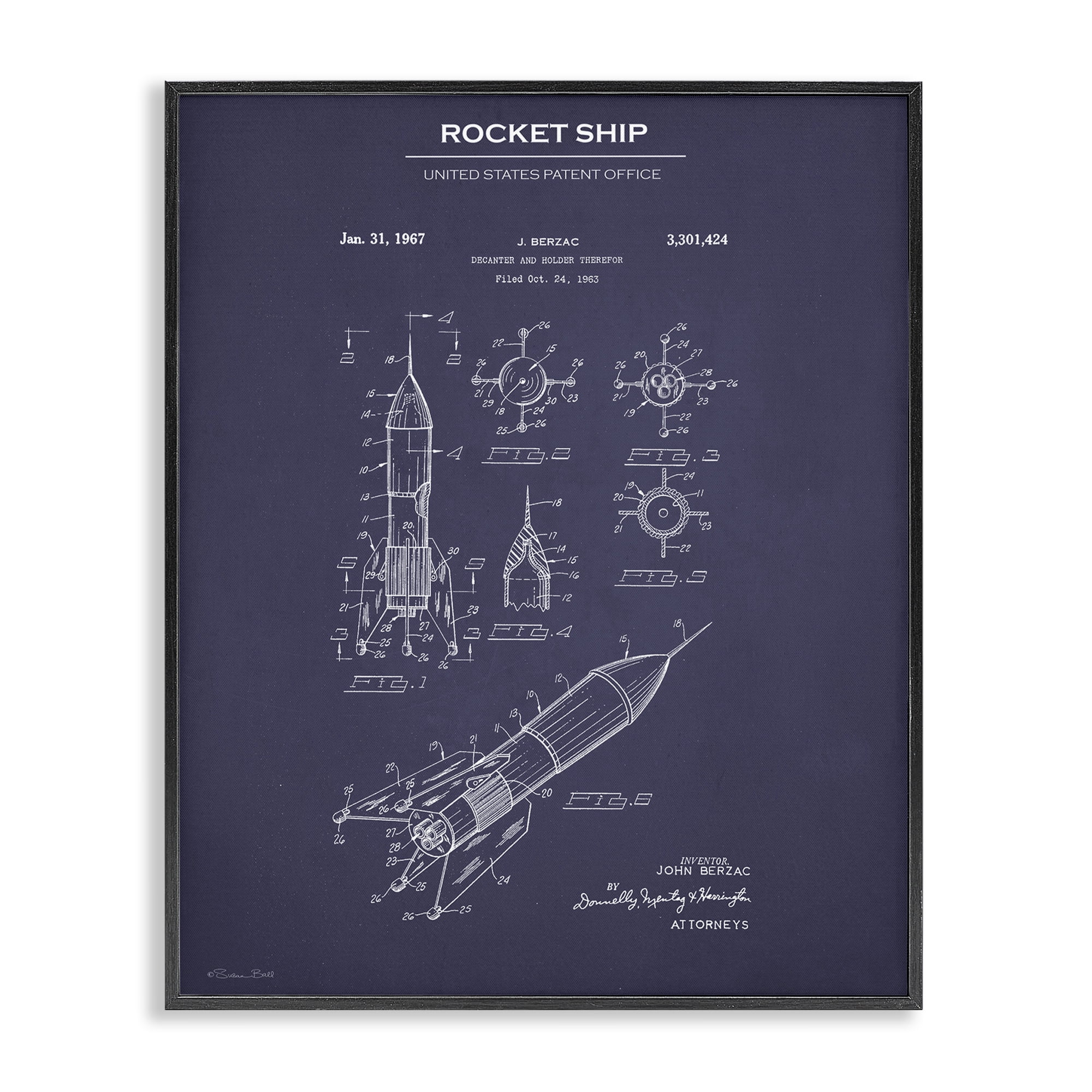 Stupell Industries Rocket Ship Blueprint Transportation Painting Black Framed Art Print Wall Art, 24 x 30