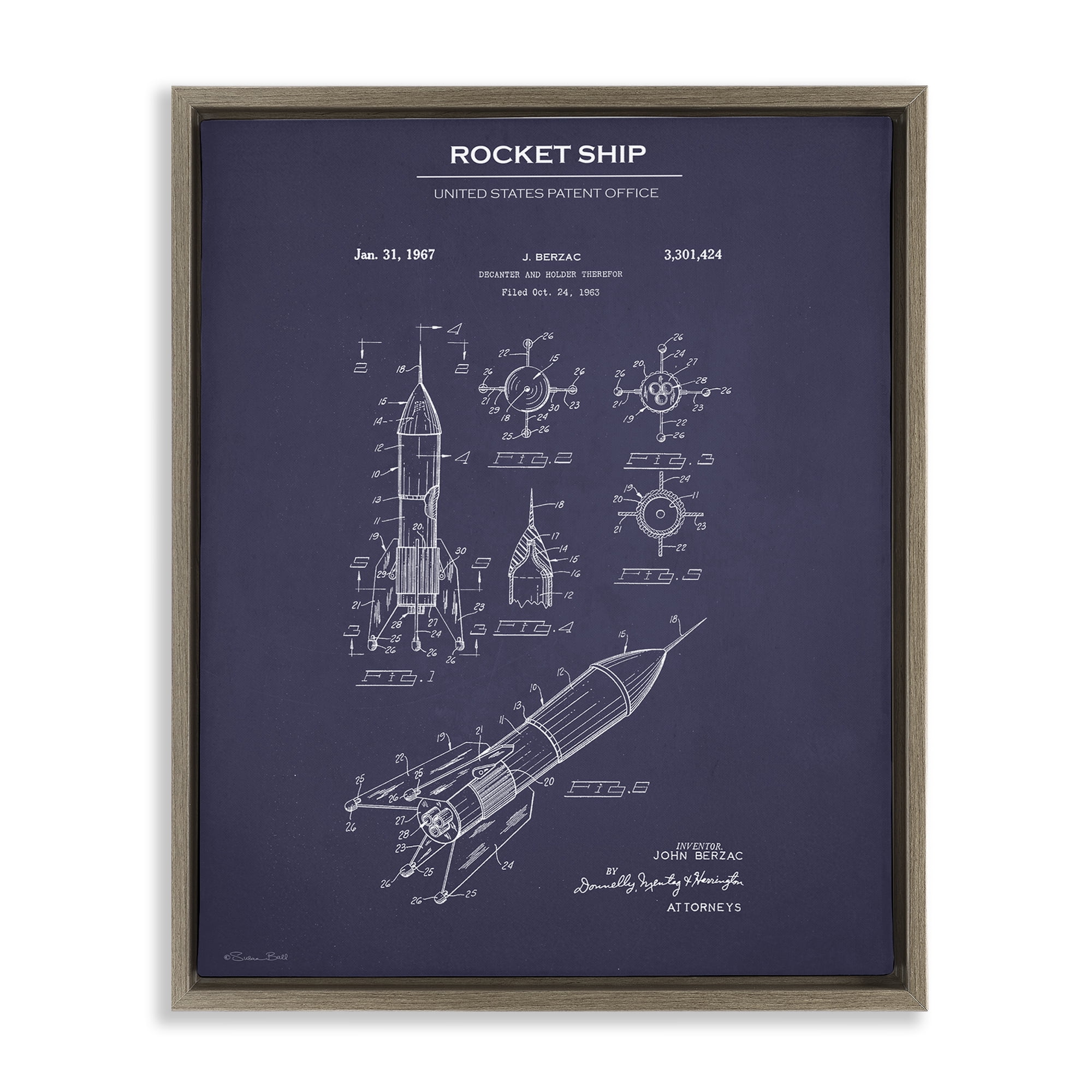 Stupell Industries Rocket Ship Blueprint Transportation Painting Brown Floater Framed Art Print Wall Art, 17 x 21
