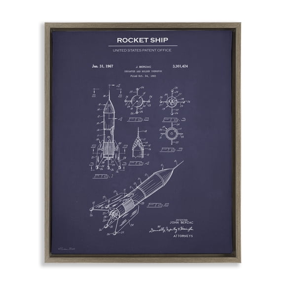 Stupell Industries Rocket Ship Blueprint Transportation Painting Brown Floater Framed Art Print Wall Art, 17 x 21