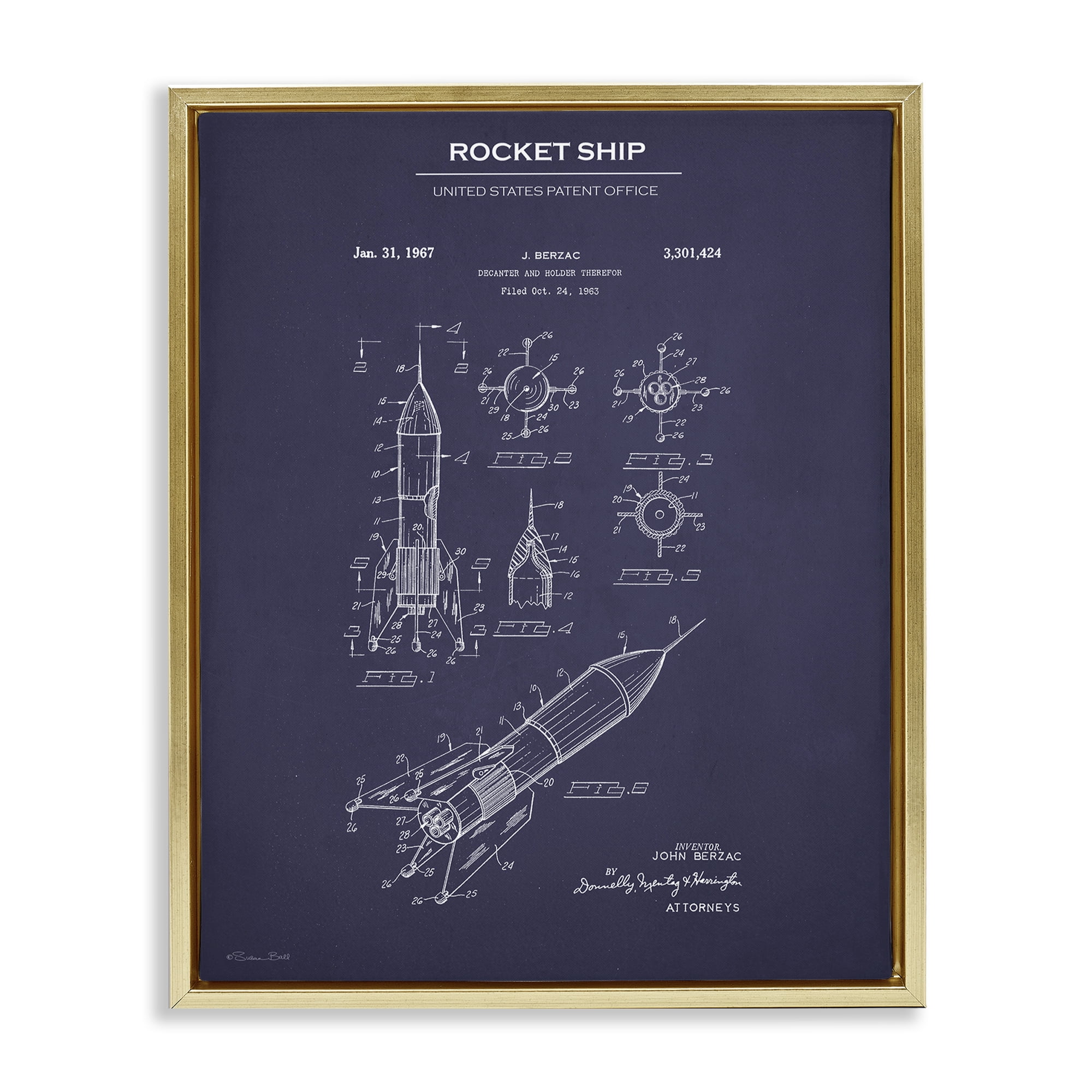 Stupell Industries Rocket Ship Blueprint Transportation Painting Gold Floater Framed Art Print Wall Art, 17 x 21