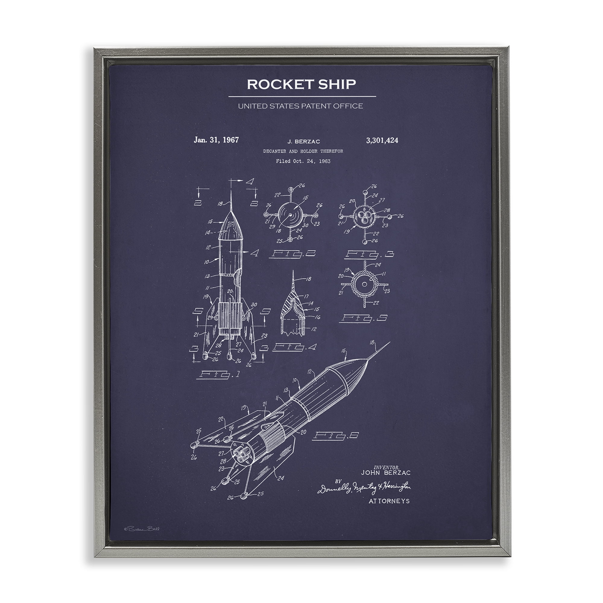 Stupell Industries Rocket Ship Blueprint Transportation Painting Gray Floater Framed Art Print Wall Art, 25 x 31