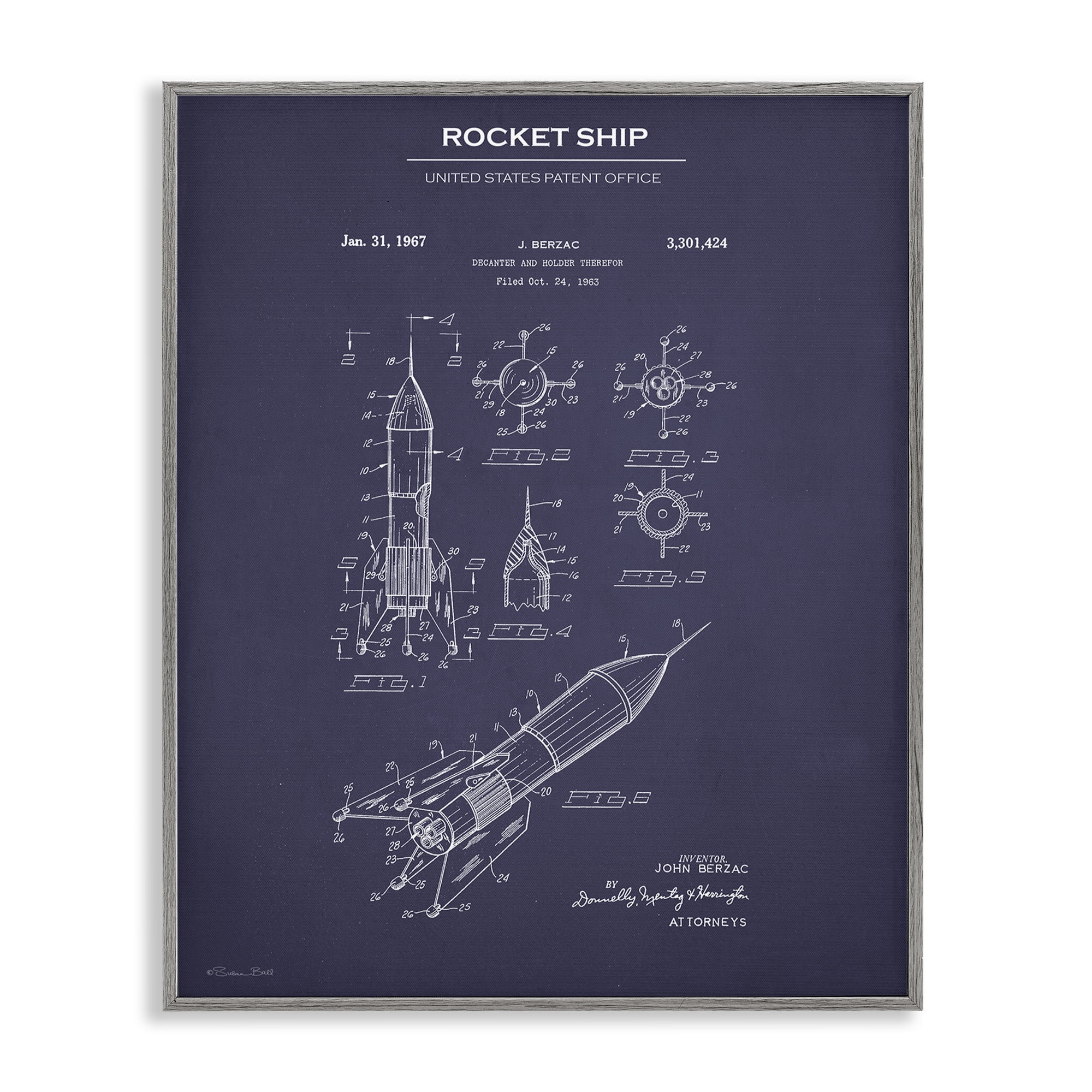 Stupell Industries Rocket Ship Blueprint Transportation Painting Gray Framed Art Print Wall Art, 16 x 20