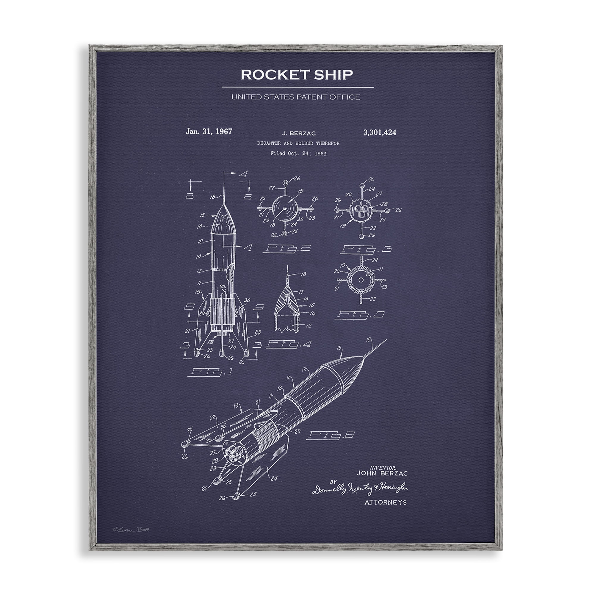 Stupell Industries Rocket Ship Blueprint Transportation Painting Gray Framed Art Print Wall Art, 24 x 30