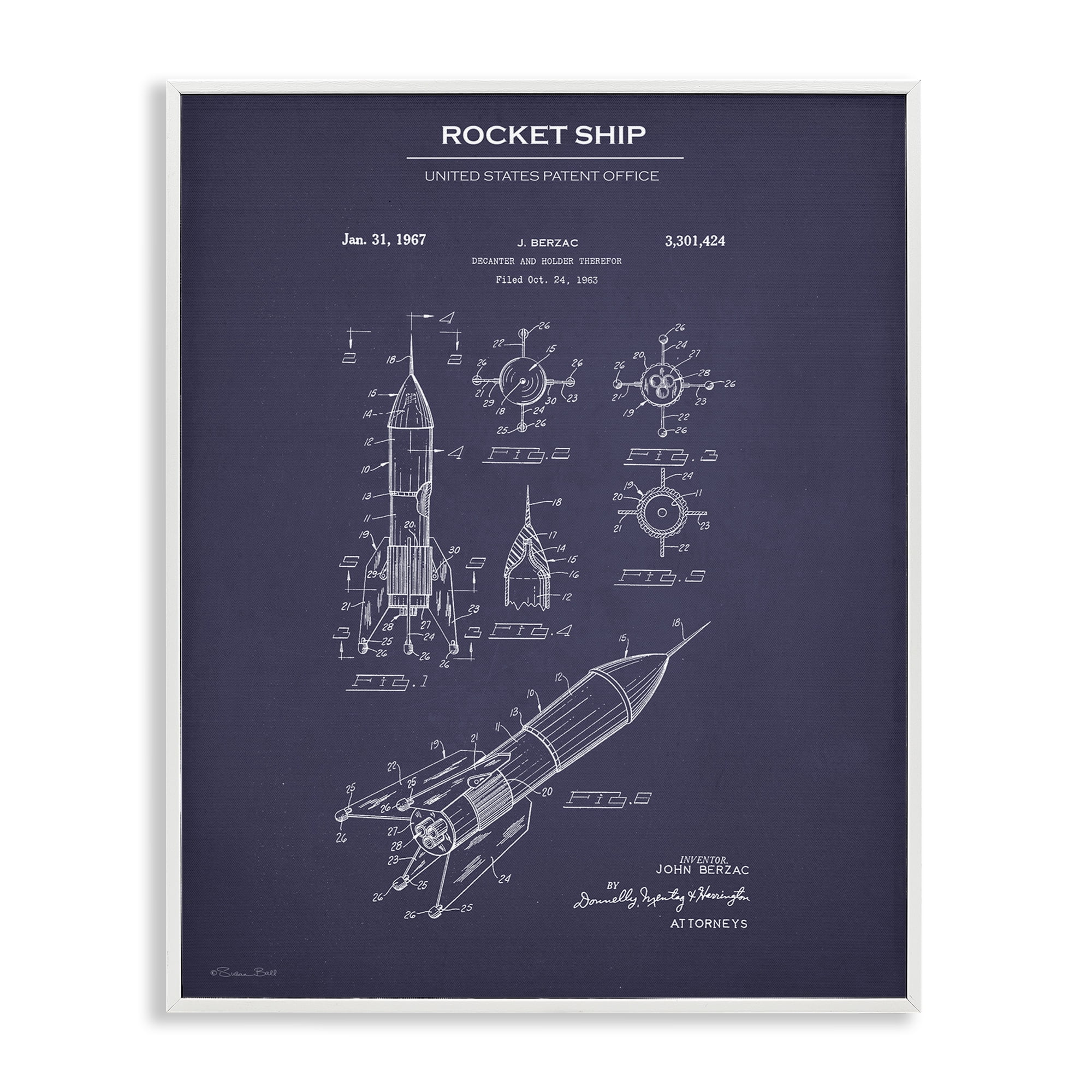 Stupell Industries Rocket Ship Blueprint Transportation Painting White Framed Art Print Wall Art, 11 x 14