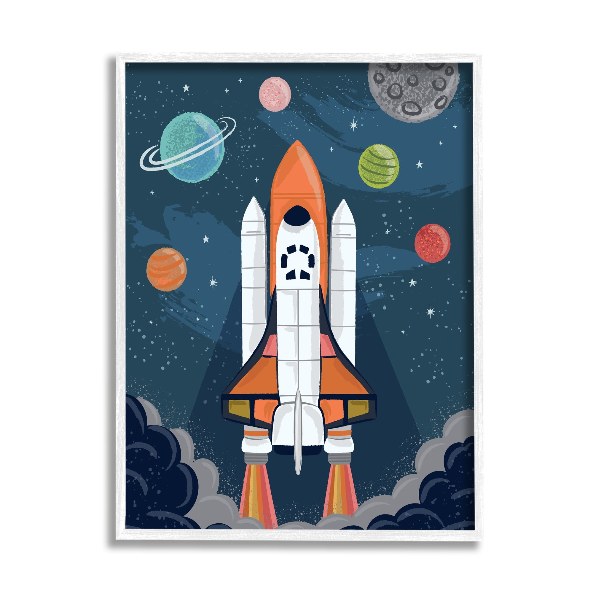 Stupell Industries Rocket Ship Ready for Flight Outer Space Planets Framed Wall Art, 16 x 20, Design by Lisa Perry Whitebutton