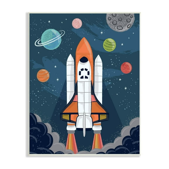 Stupell Industries Rocket Ship Ready for Flight Outer Space Planets Wood Wall Art, 10 x 15, Design by Lisa Perry Whitebutton