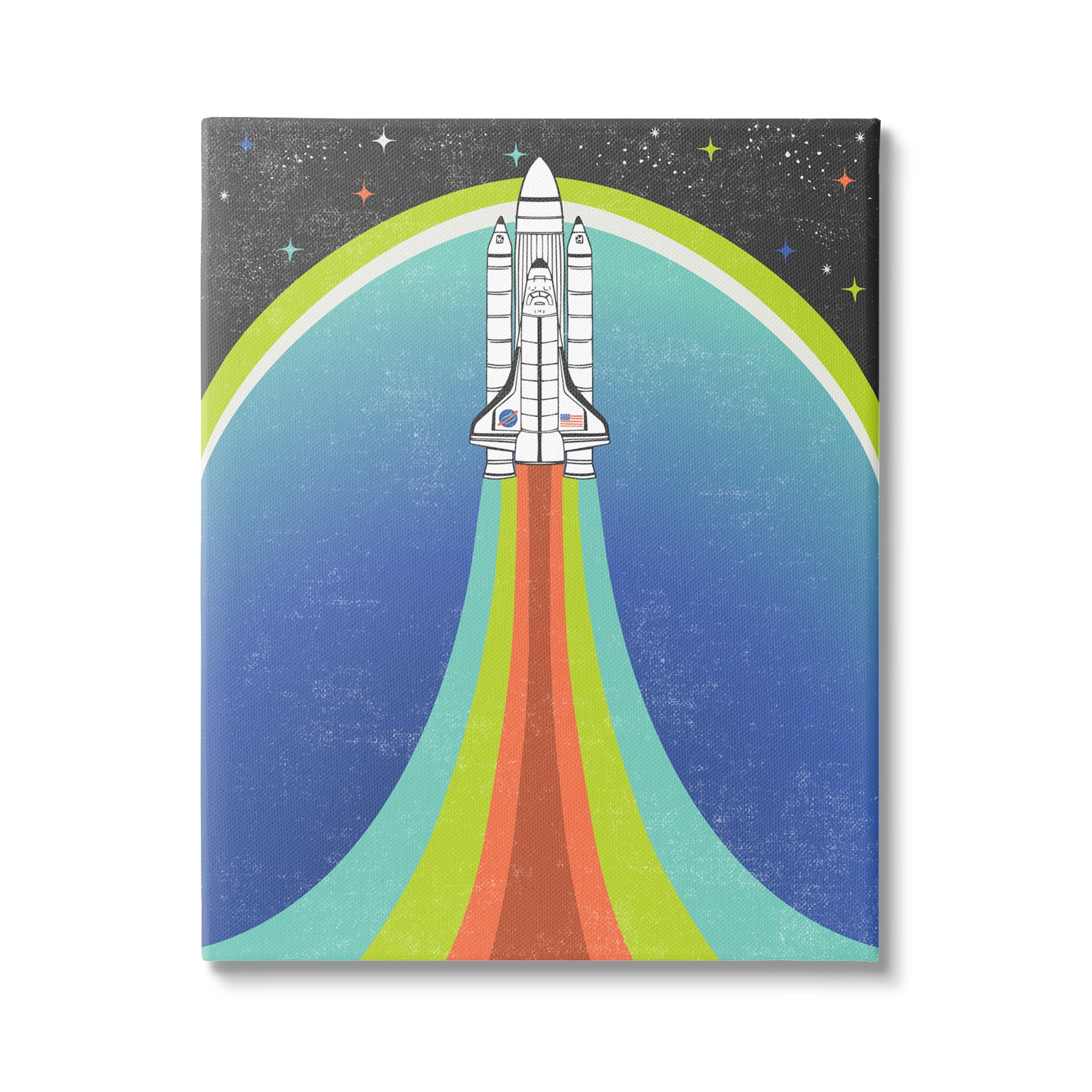 Stupell Industries Rocket Ship Taking Off Outer Space Striped Pattern Canvas Wall Art, 24 x 30, Design by Caroline Alfreds