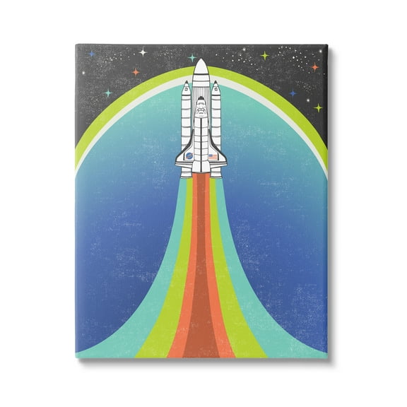 Stupell Industries Rocket Ship Taking Off Outer Space Striped Pattern Canvas Wall Art, 24 x 30, Design by Caroline Alfreds