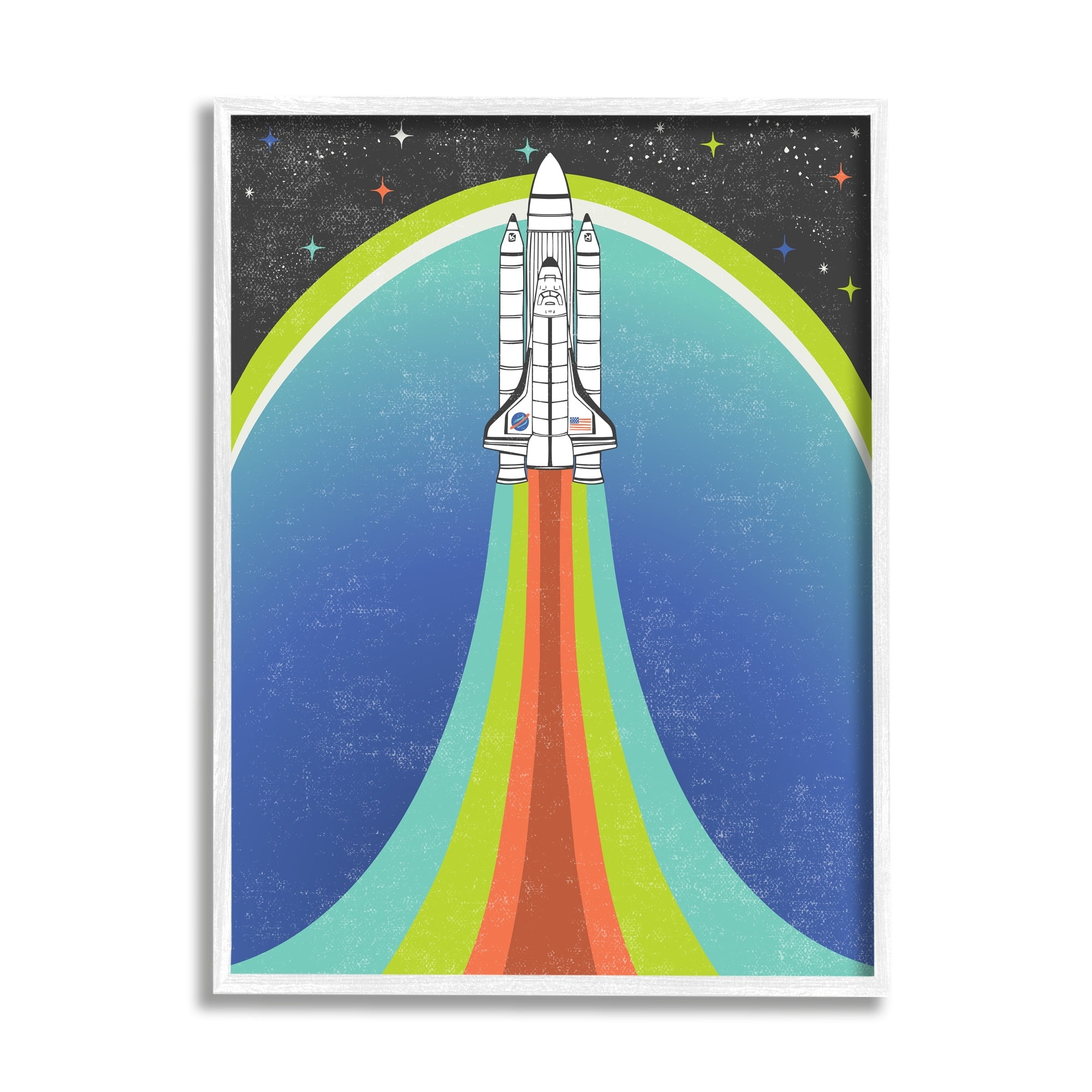 Stupell Industries Rocket Ship Taking Off Outer Space Striped Pattern Framed Wall Art, 16 x 20, Design by Caroline Alfreds
