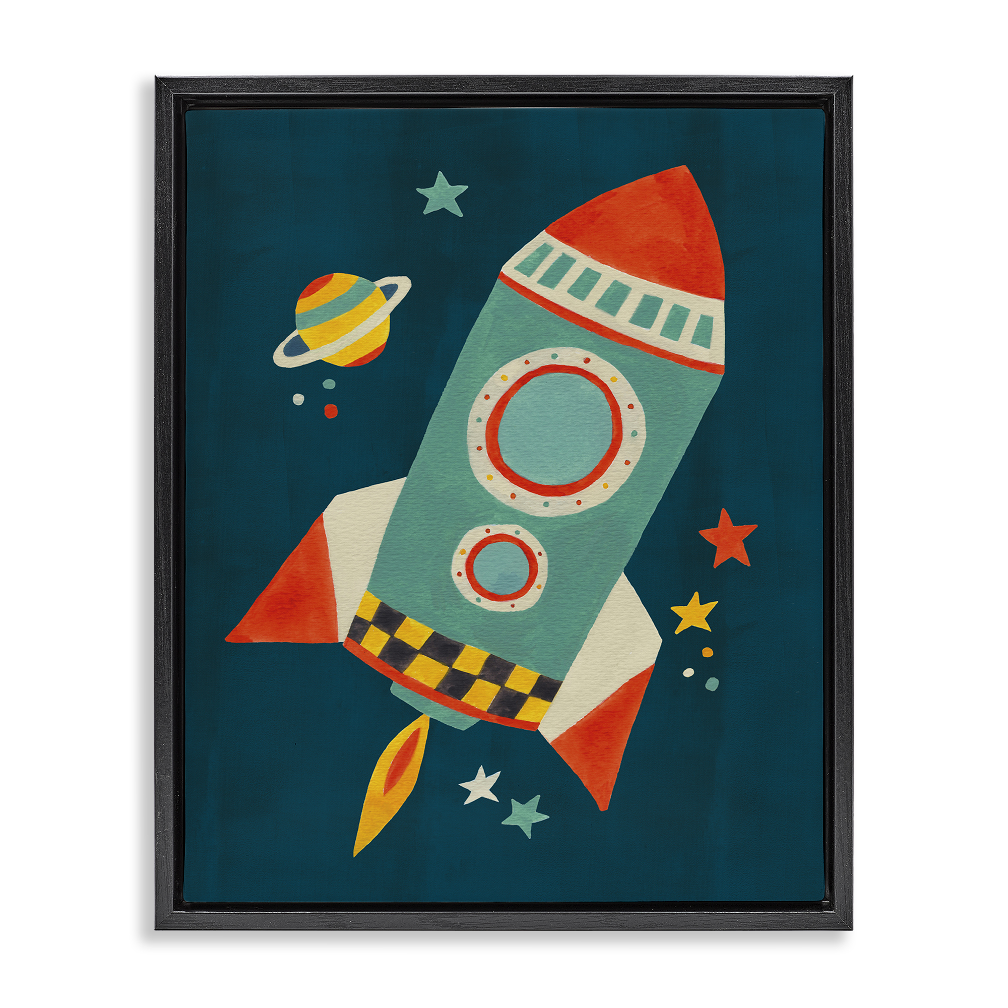 Stupell Industries Rocket Ship in Space Transportation Painting Black Floater Framed Canvas Art Print Wall Art, 25 x 31