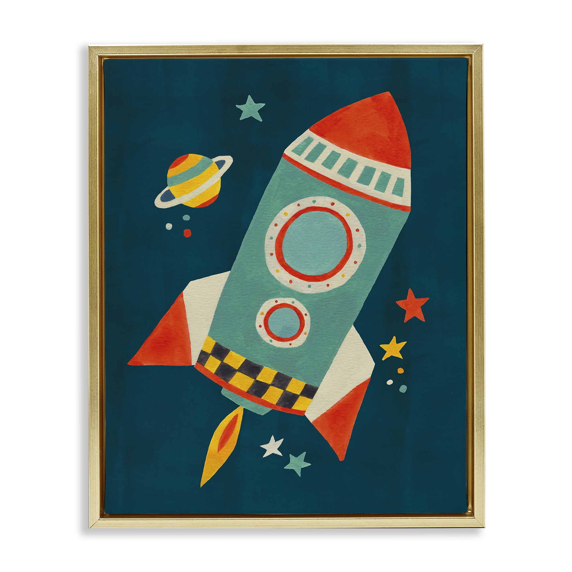 Stupell Industries Rocket Ship in Space Transportation Painting Gold Floater Framed Canvas Art Print Wall Art, 17 x 21
