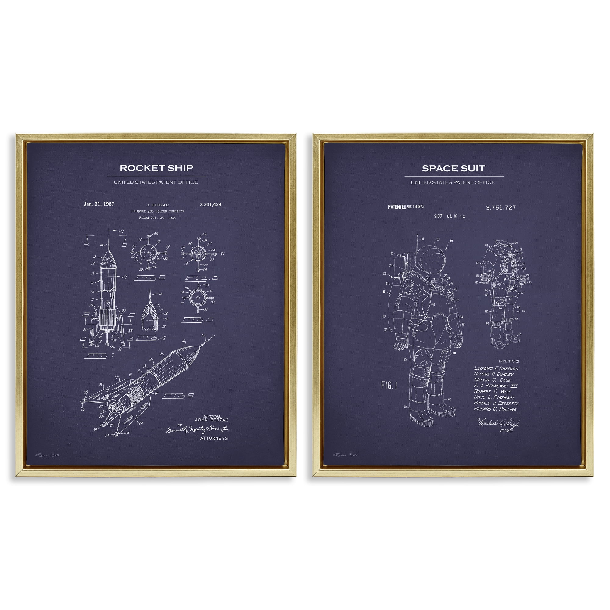 Stupell Industries Rocket Space Suit Diagram Education Painting Gold Floater Framed Canvas Art Print Wall Art, 17 x 21, Set of 2