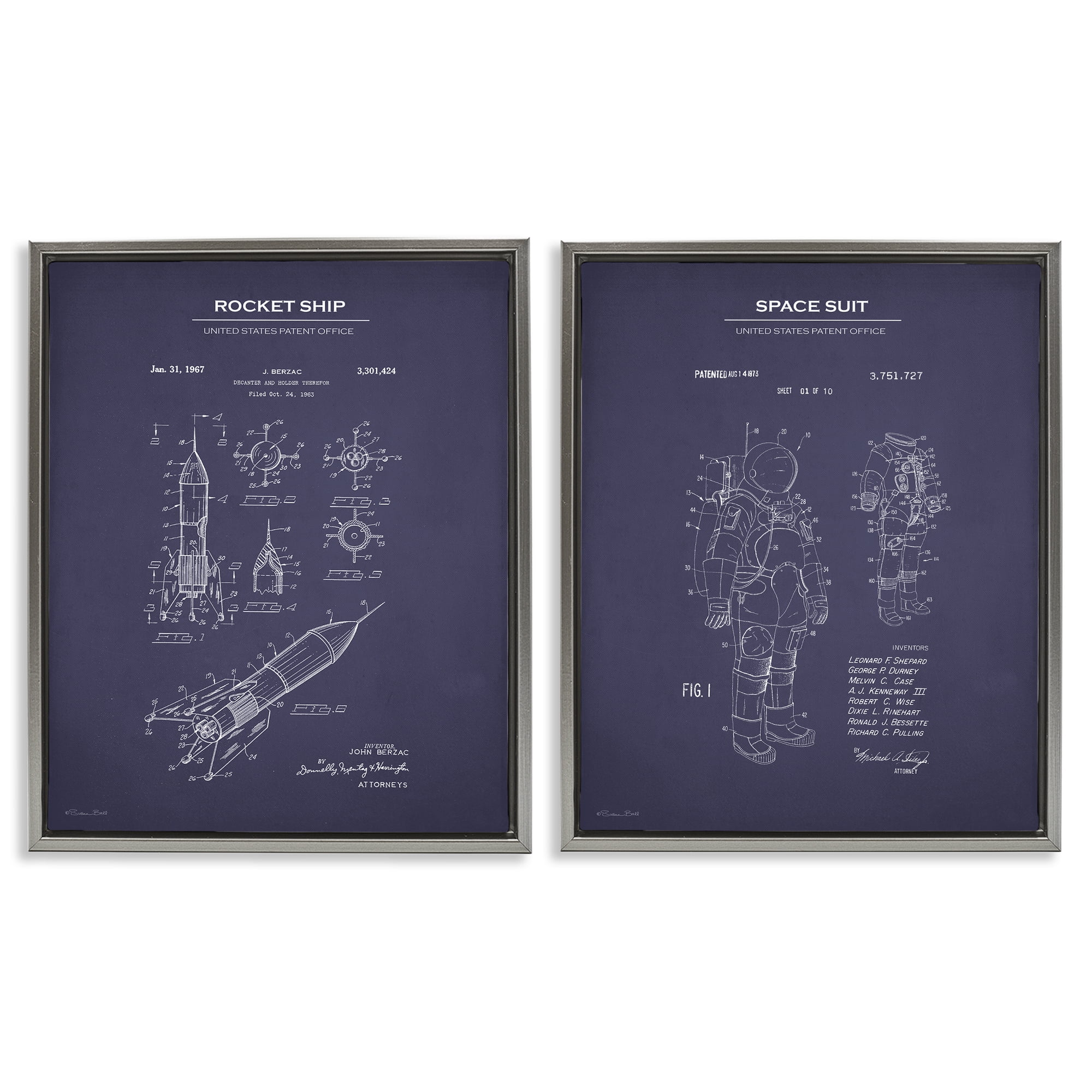 Stupell Industries Rocket Space Suit Diagram Education Painting Gray Floater Framed Canvas Art Print Wall Art, 17 x 21, Set of 2