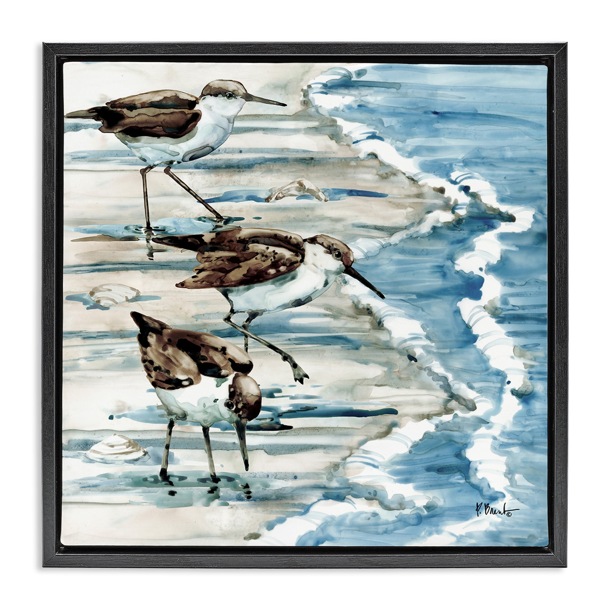 Stupell Industries Rockhampton Sandpipers Beach Ripples Animals & Insects Painting Black Floater Framed Canvas Art Print Wall Art, 18 x 18