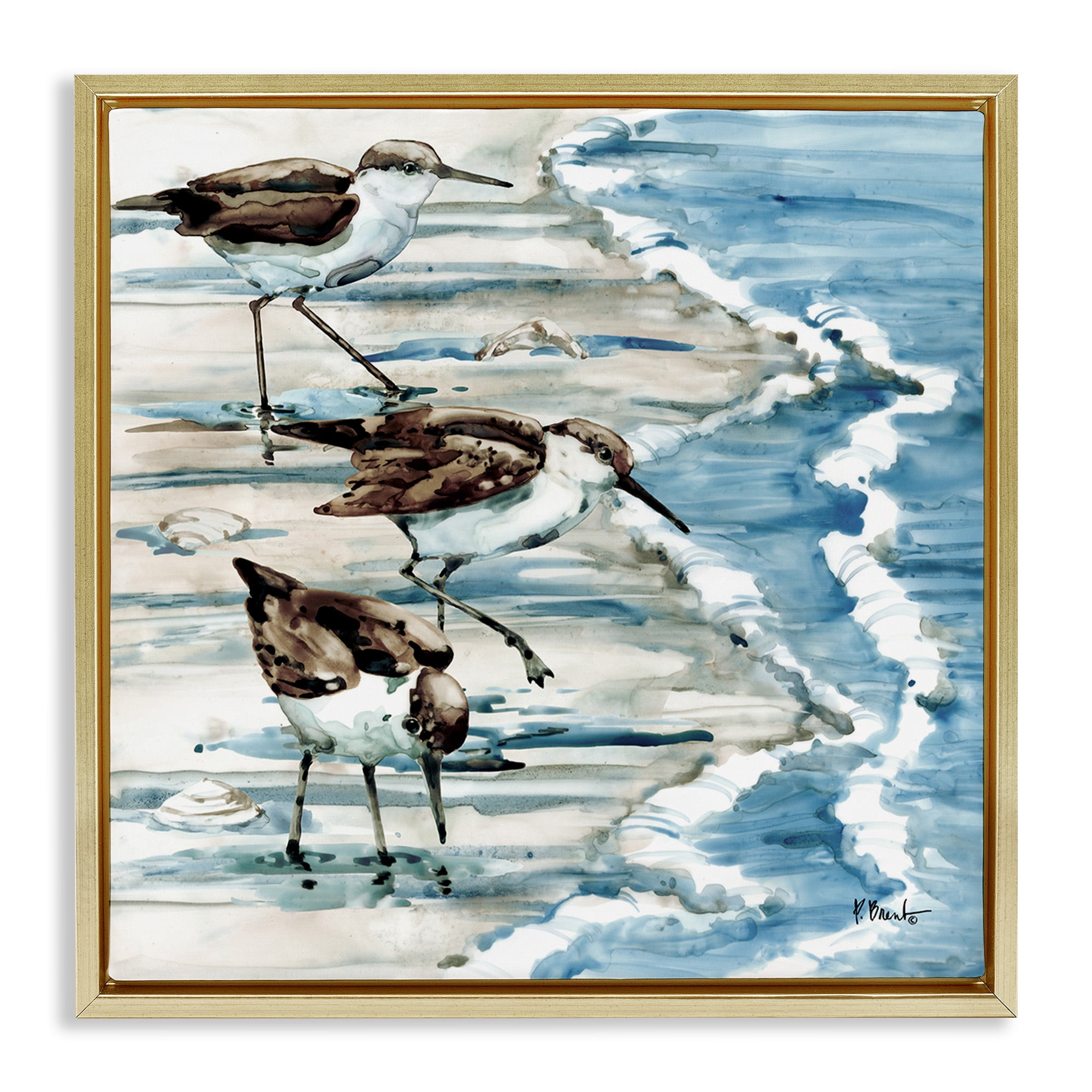 Stupell Industries Rockhampton Sandpipers Beach Ripples Animals & Insects Painting Gold Floater Framed Canvas Art Print Wall Art, 25 x 25