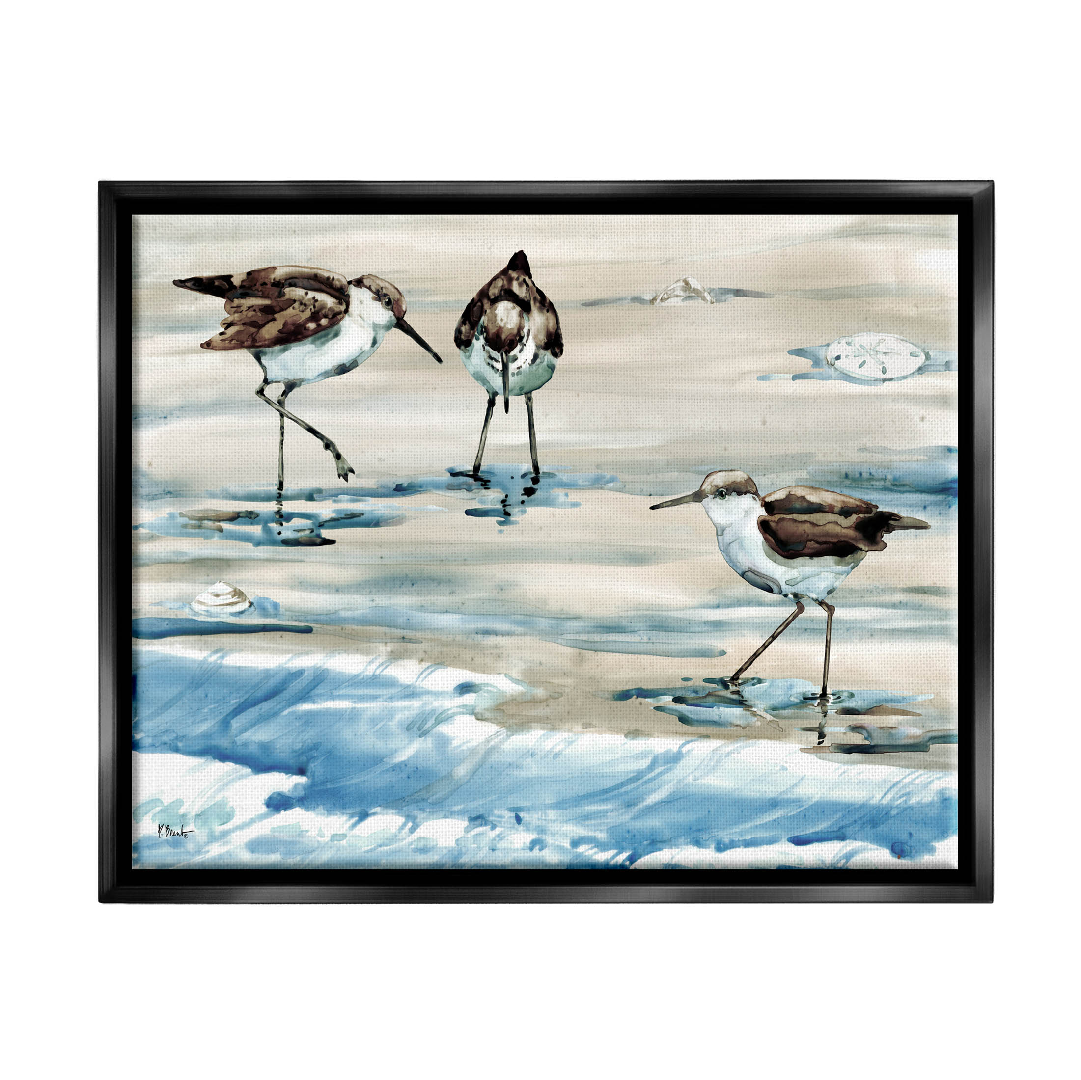 Stupell Industries Rockhampton Sandpipers Ocean Waves Painting Jet Black Floating Framed Canvas Print Wall Art, Design by Paul Brent