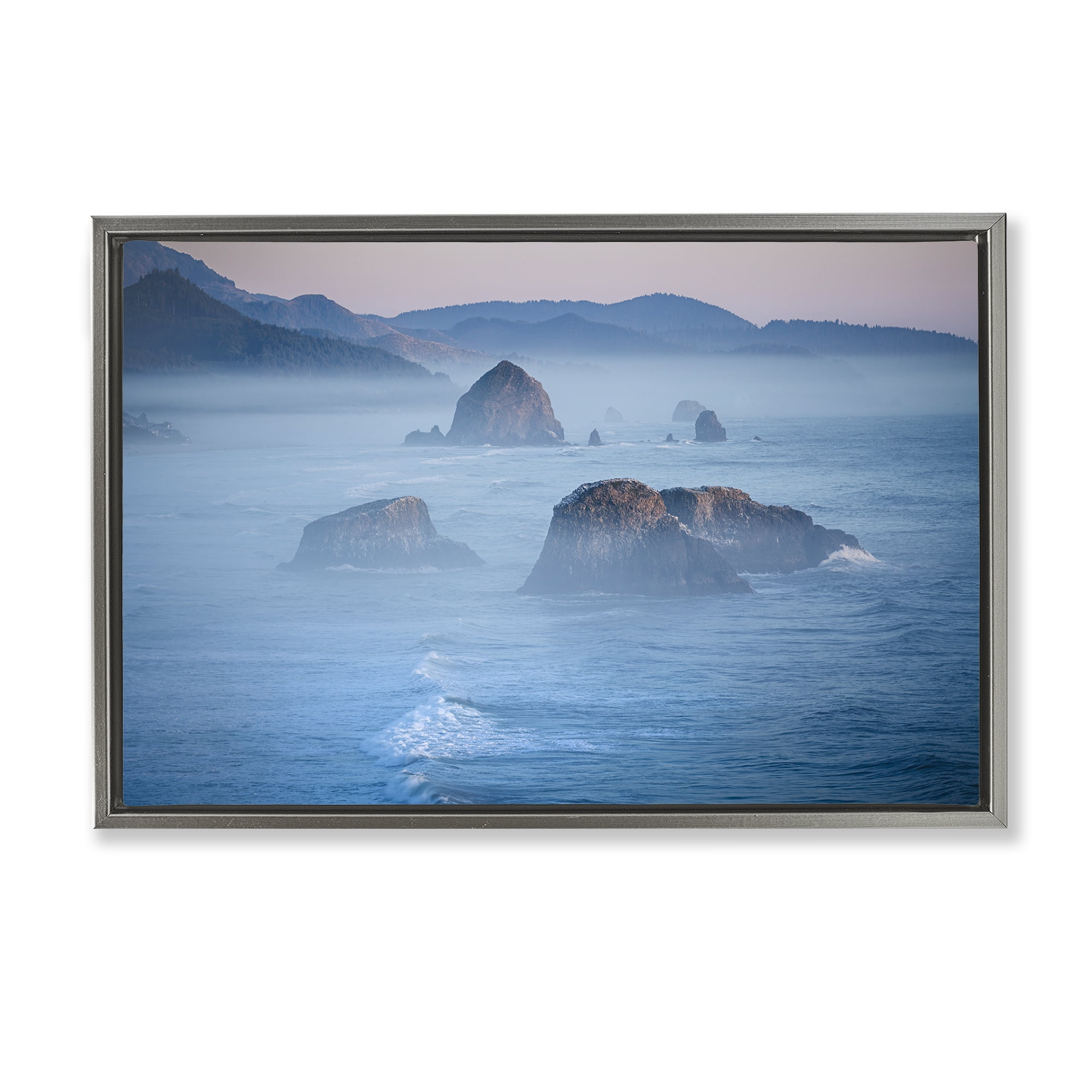 Stupell Industries Rocks Protruding from Sea Landscape & Nature Photography Gray Floater Framed Canvas Art Print Wall Art, 31 x 21
