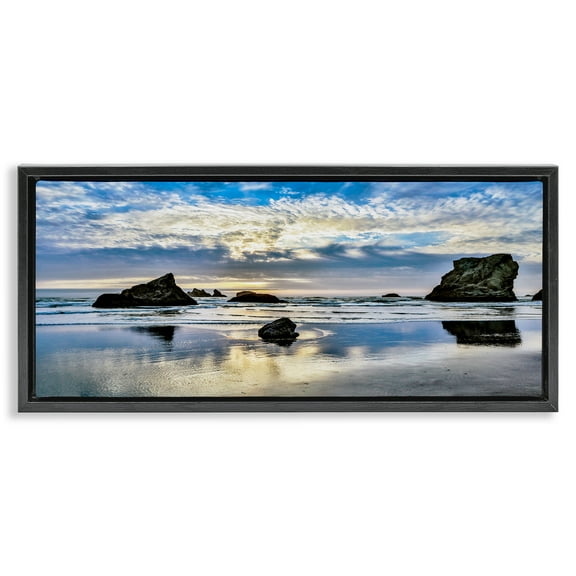 Stupell Industries Rocks Protruding on Beach Nautical & Beach Photography Black Floater Framed Canvas Art Print Wall Art, 25 x 11