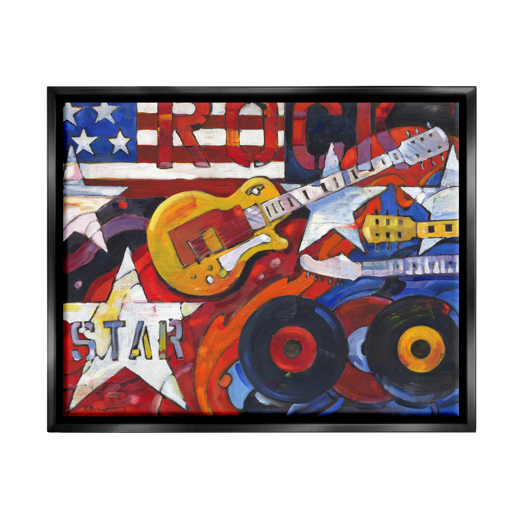 Stupell Industries Rockstar Americana Music Tribute Painting Jet Black Floating Framed Canvas Print Wall Art, Design by Paul Brent
