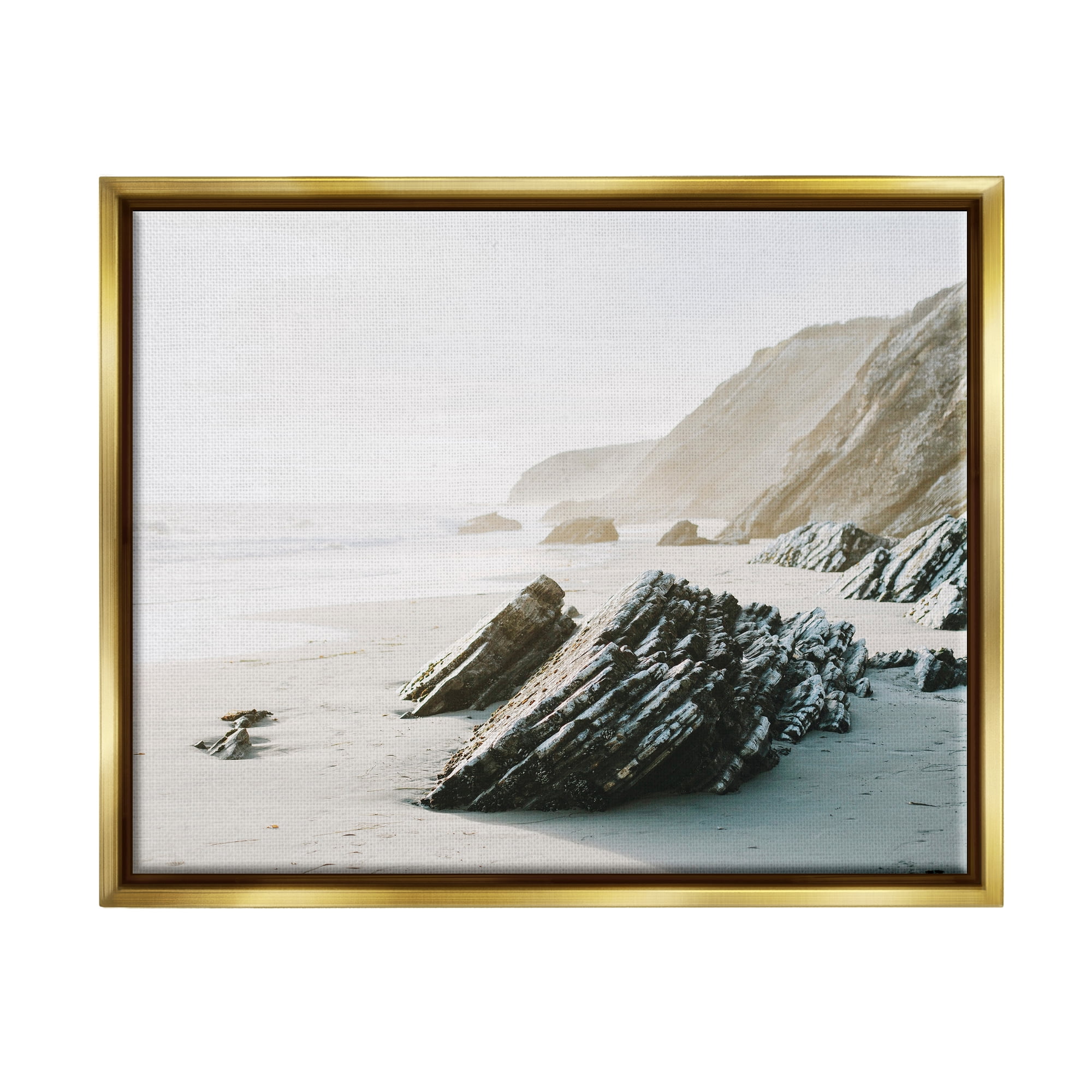 Stupell Industries Rocky Beach Cliff Sandy Shoreline Coastal Photography Gold Floater Framed Art Print Wall Art