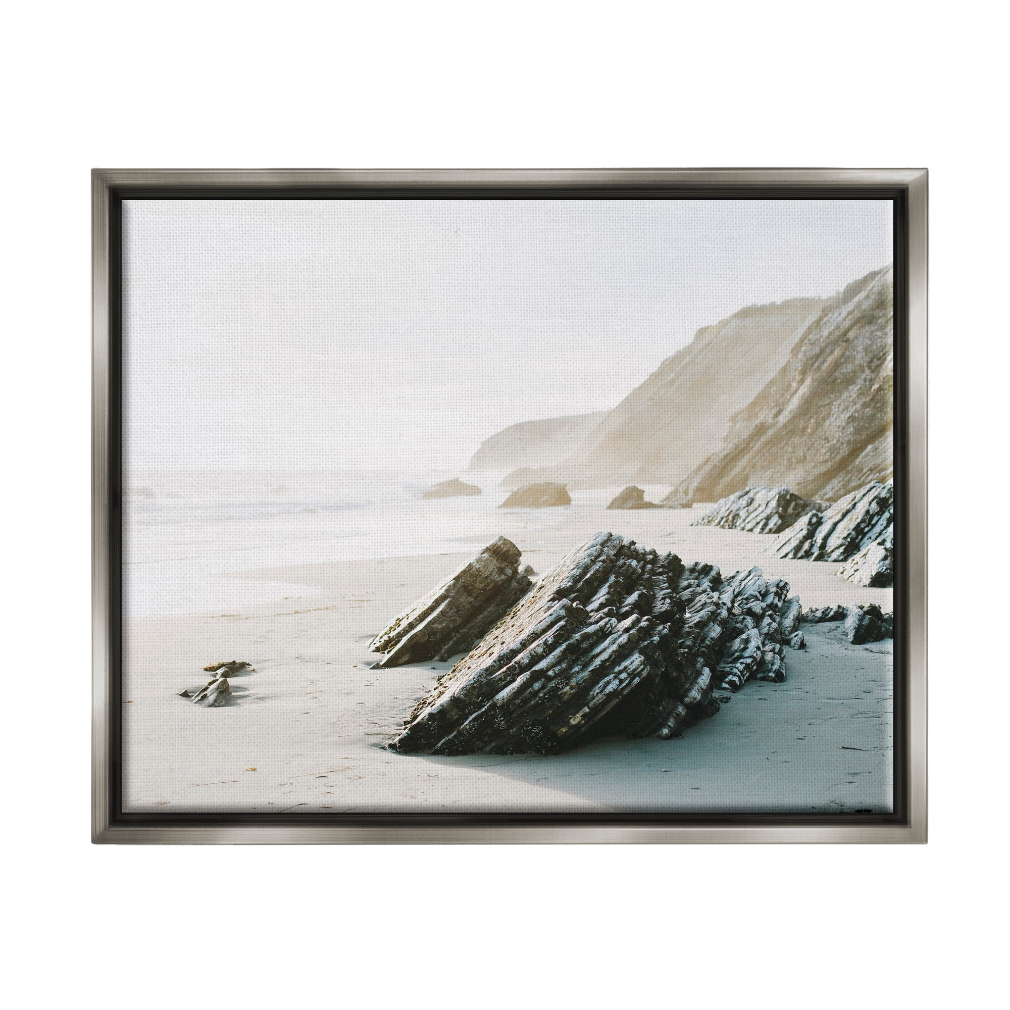 Stupell Industries Rocky Beach Cliff Sandy Shoreline Coastal Photography Gray Floater Framed Art Print Wall Art