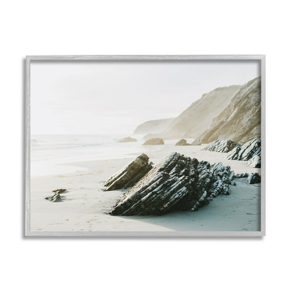 Stupell Industries Rocky Beach Cliff Sandy Shoreline Coastal Photography Gray Framed Art Print Wall Art