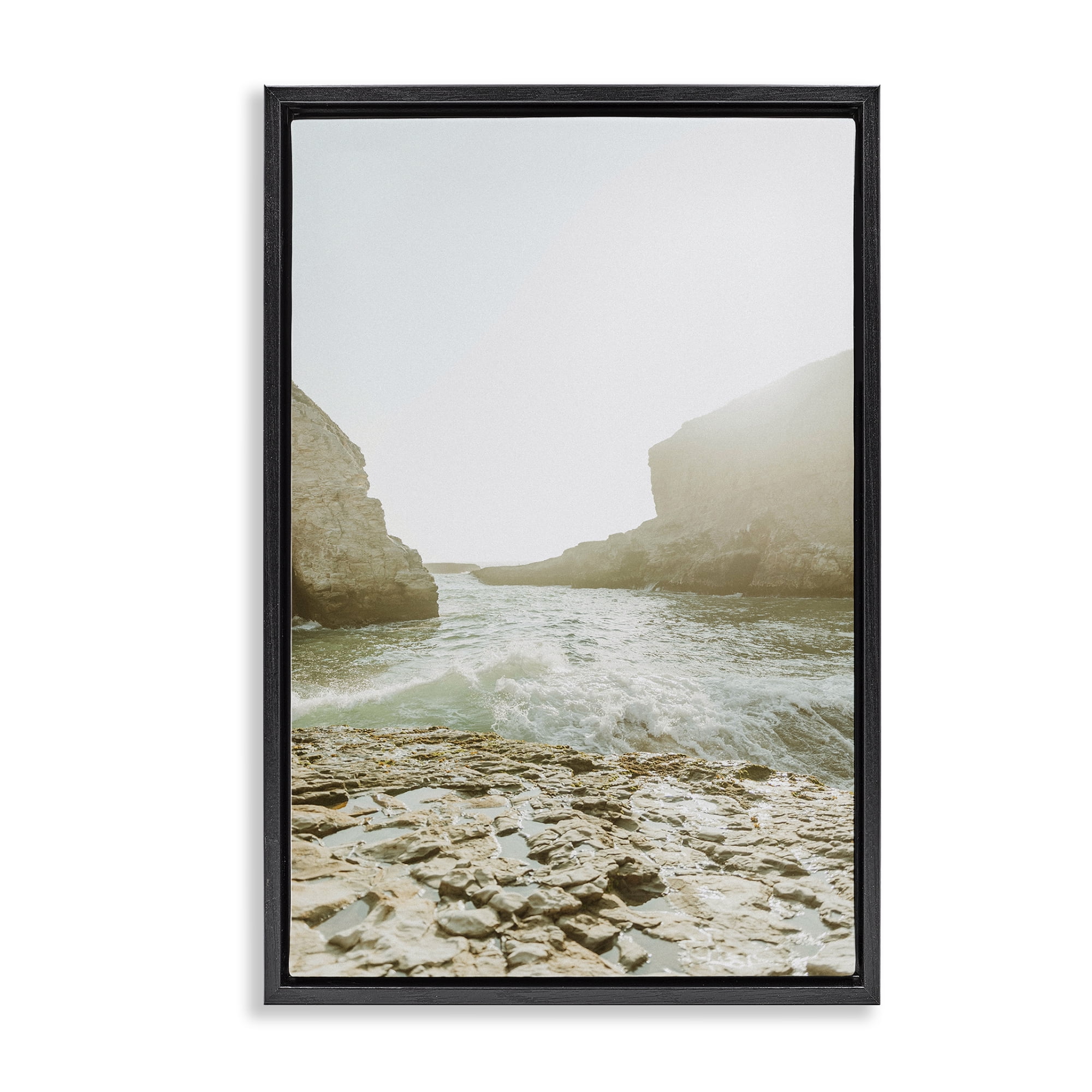 Stupell Industries Rocky Beach Cove Landscape Photography Black Floater Framed Canvas Art Print Wall Art, 21 x 31