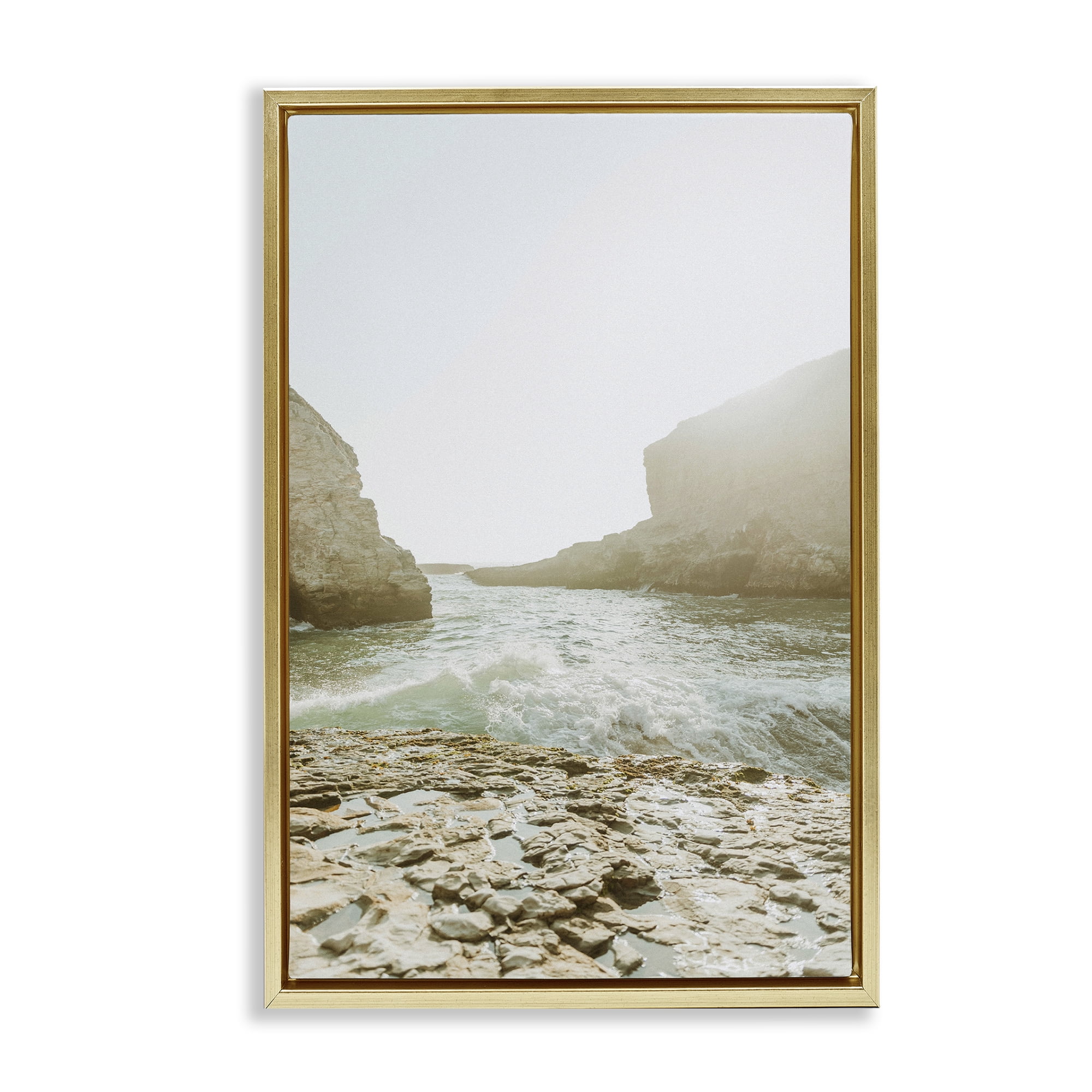 Stupell Industries Rocky Beach Cove Landscape Photography Gold Floater Framed Canvas Art Print Wall Art, 17 x 25