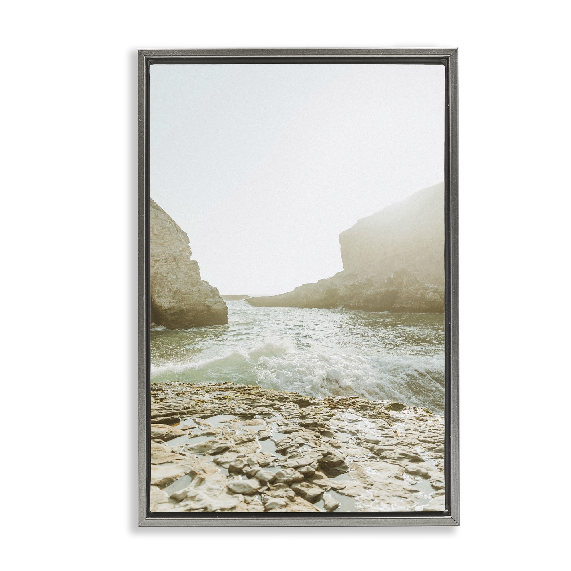 Stupell Industries Rocky Beach Cove Landscape Photography Gray Floater Framed Canvas Art Print Wall Art, 17 x 25