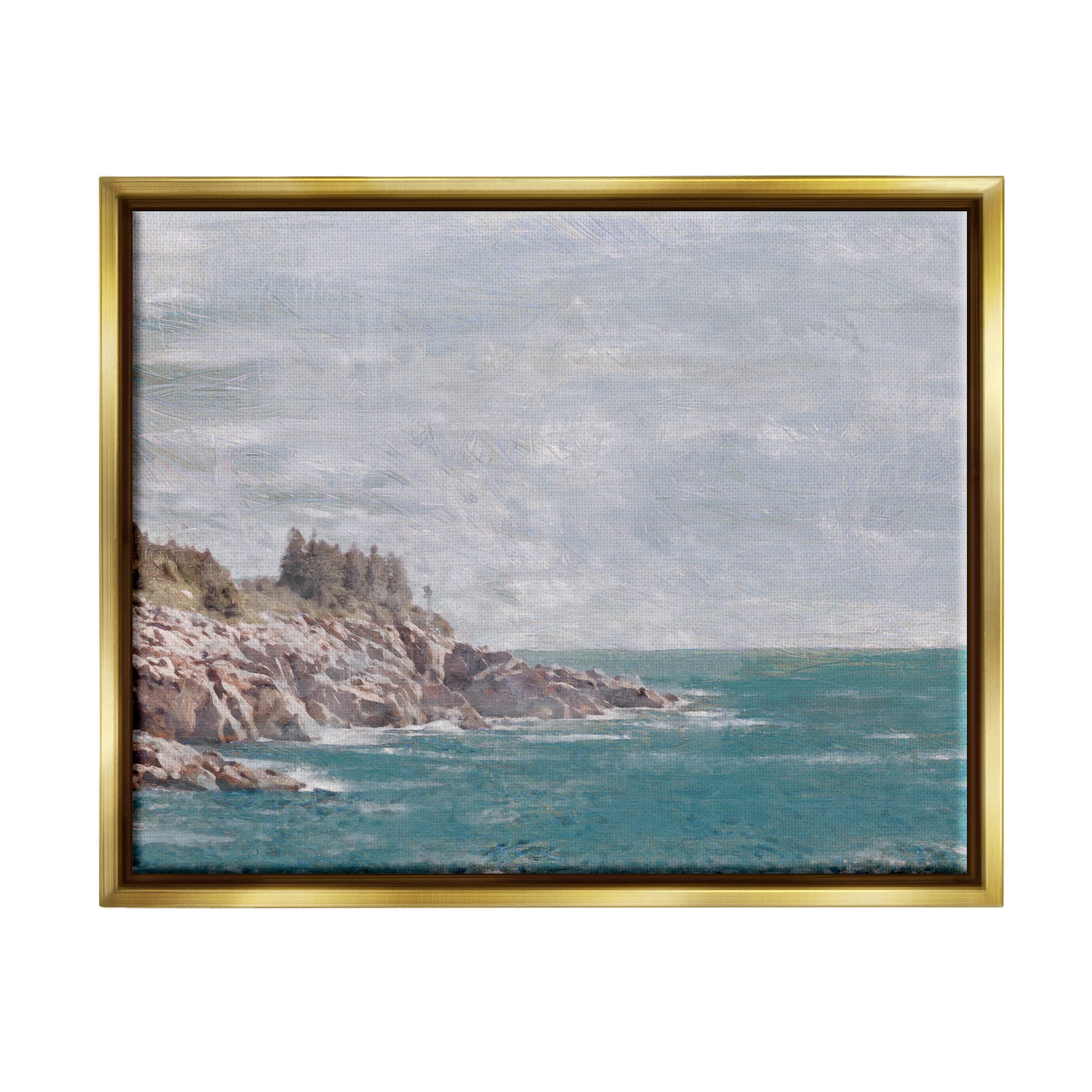 Stupell Industries Rocky Cliff Ocean Landscape Painting Metallic Gold Floating Framed Canvas Print Wall Art, Design by Savannah Miler