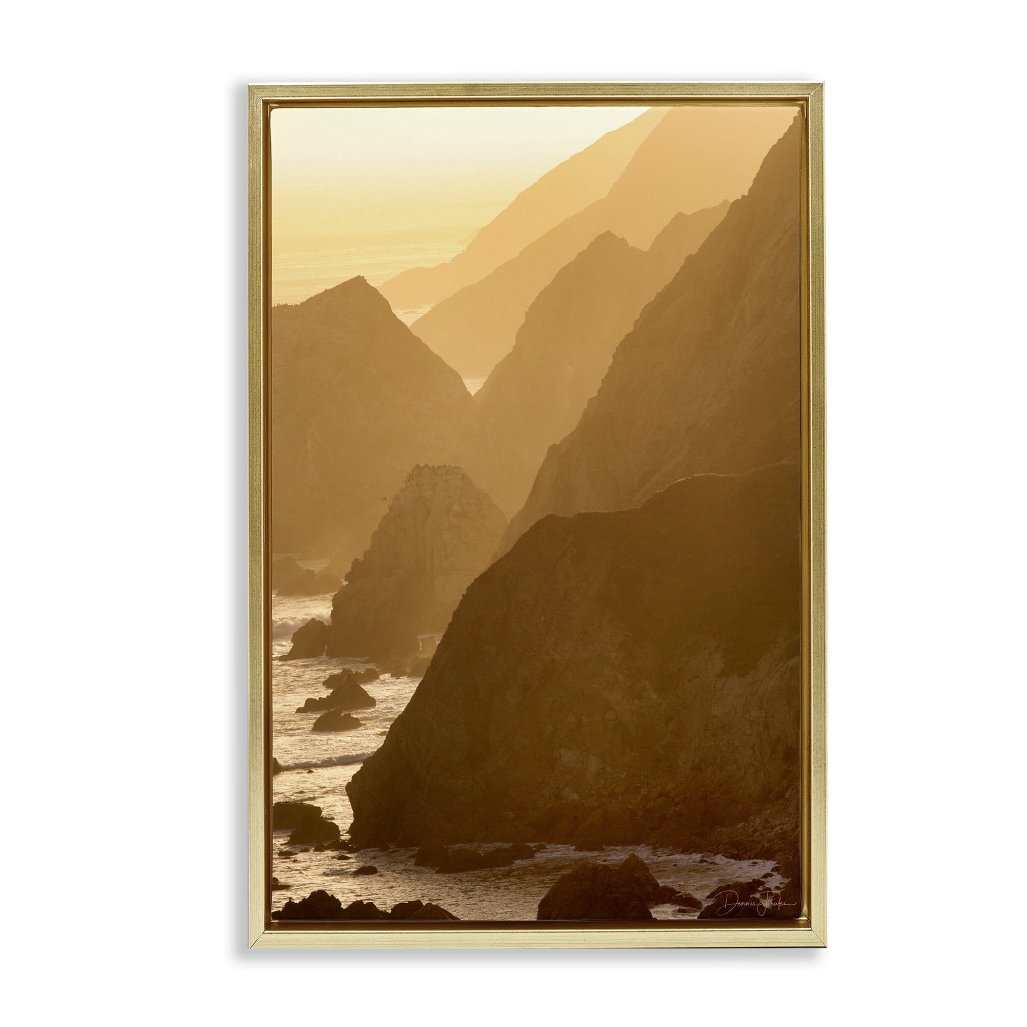 Stupell Industries Rocky Cliffs by Beach Landscape Photography Gold Floater Framed Canvas Art Print Wall Art, 17 x 25