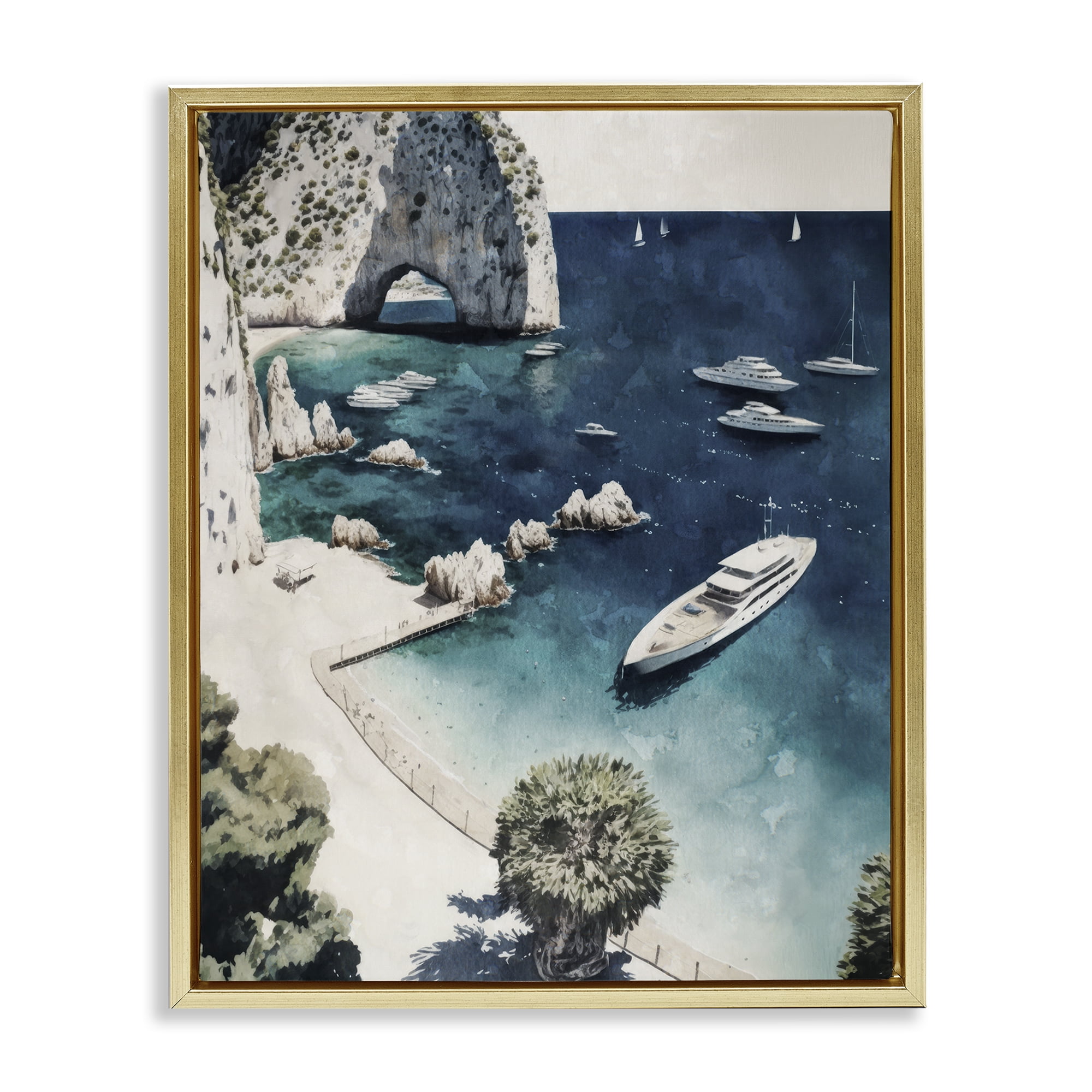 Stupell Industries Rocky Coast Boats Landscape & Nature Painting Gold Floater Framed Canvas Art Print Wall Art, 25 x 31