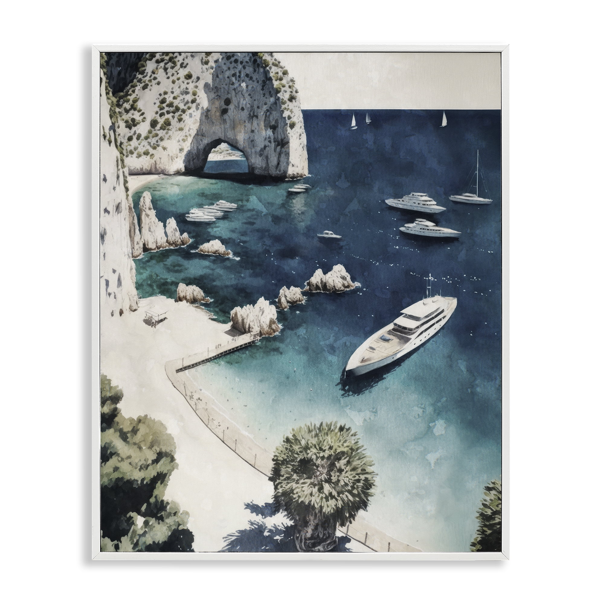 Stupell Industries Rocky Coast Boats Landscape & Nature Painting White Framed Art Print Wall Art, 16 x 20