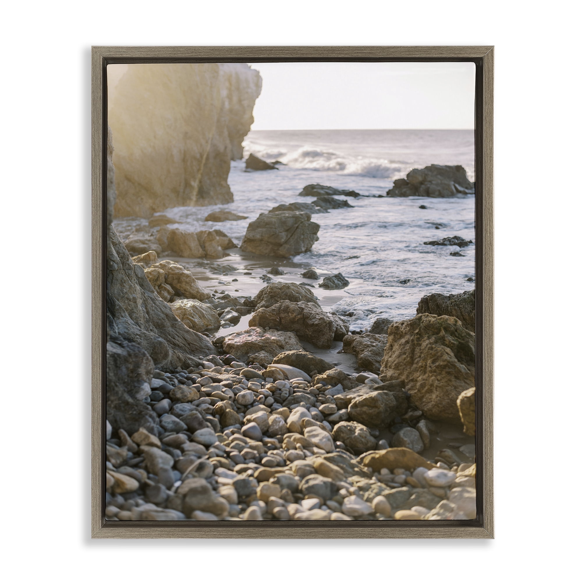 Stupell Industries Rocky Coast Waves Landscape Photography Brown Floater Framed Canvas Art Print Wall Art, 25 x 31