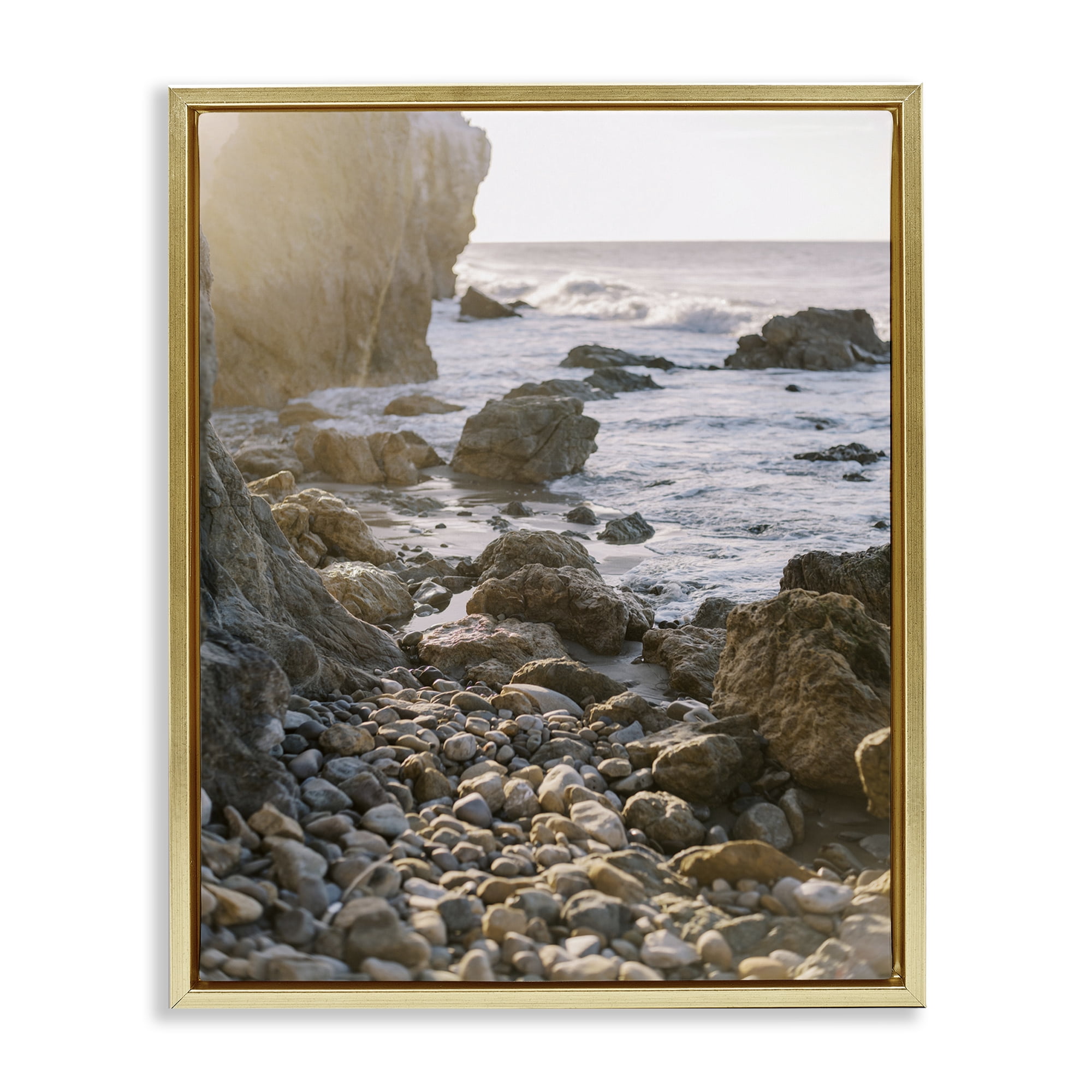 Stupell Industries Rocky Coast Waves Landscape Photography Gold Floater Framed Canvas Art Print Wall Art, 17 x 21