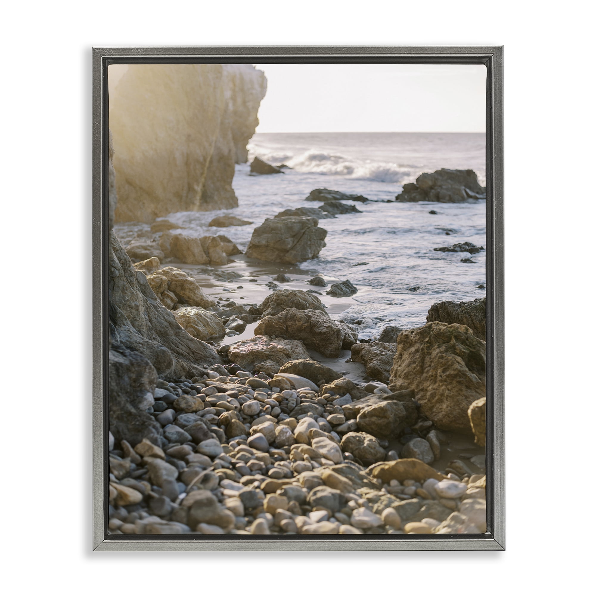 Stupell Industries Rocky Coast Waves Landscape Photography Gray Floater Framed Canvas Art Print Wall Art, 25 x 31