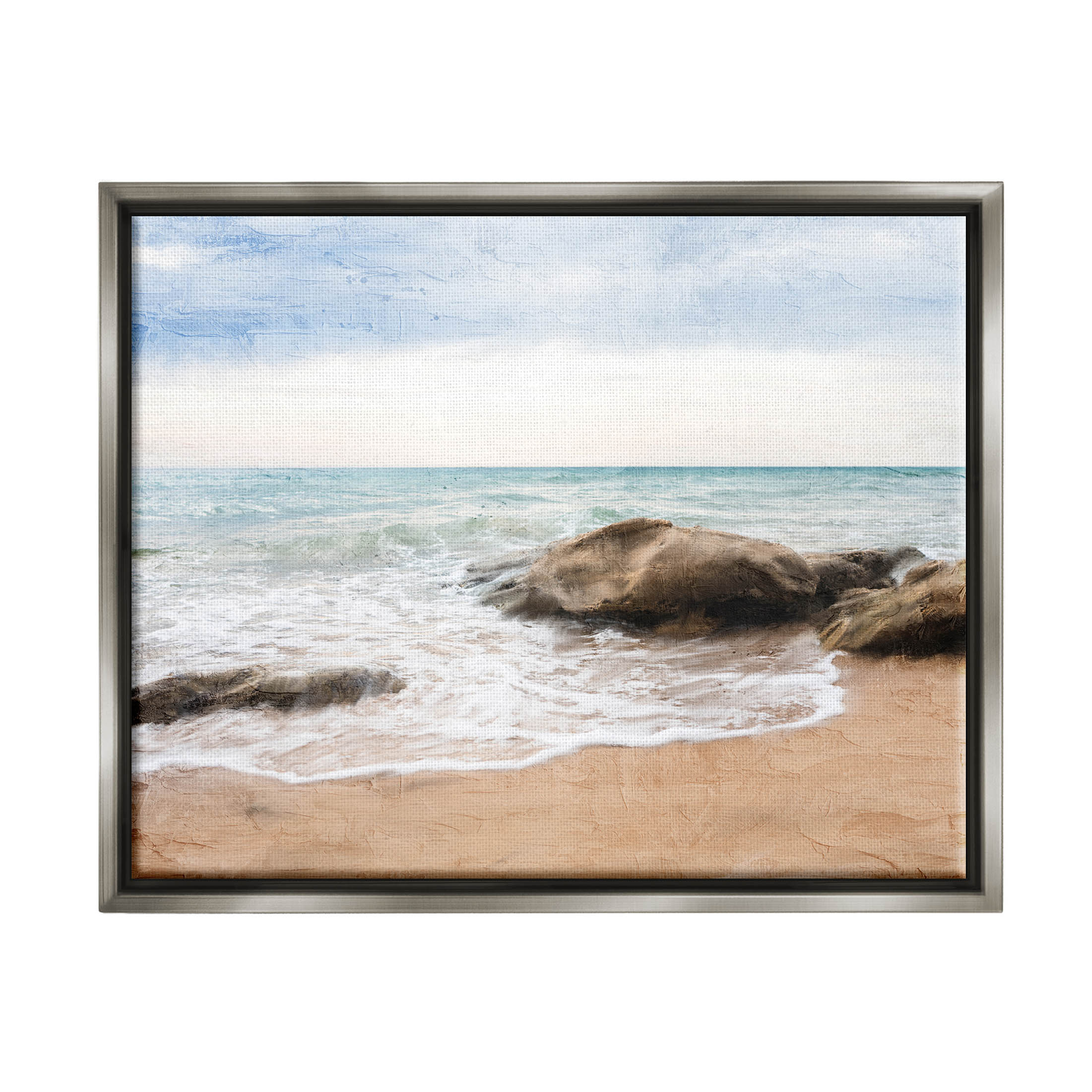 Stupell Industries Rocky Crashing Beach Waves Graphic Art Luster Gray Floating Framed Canvas Print Wall Art, Design by Ann Bailey