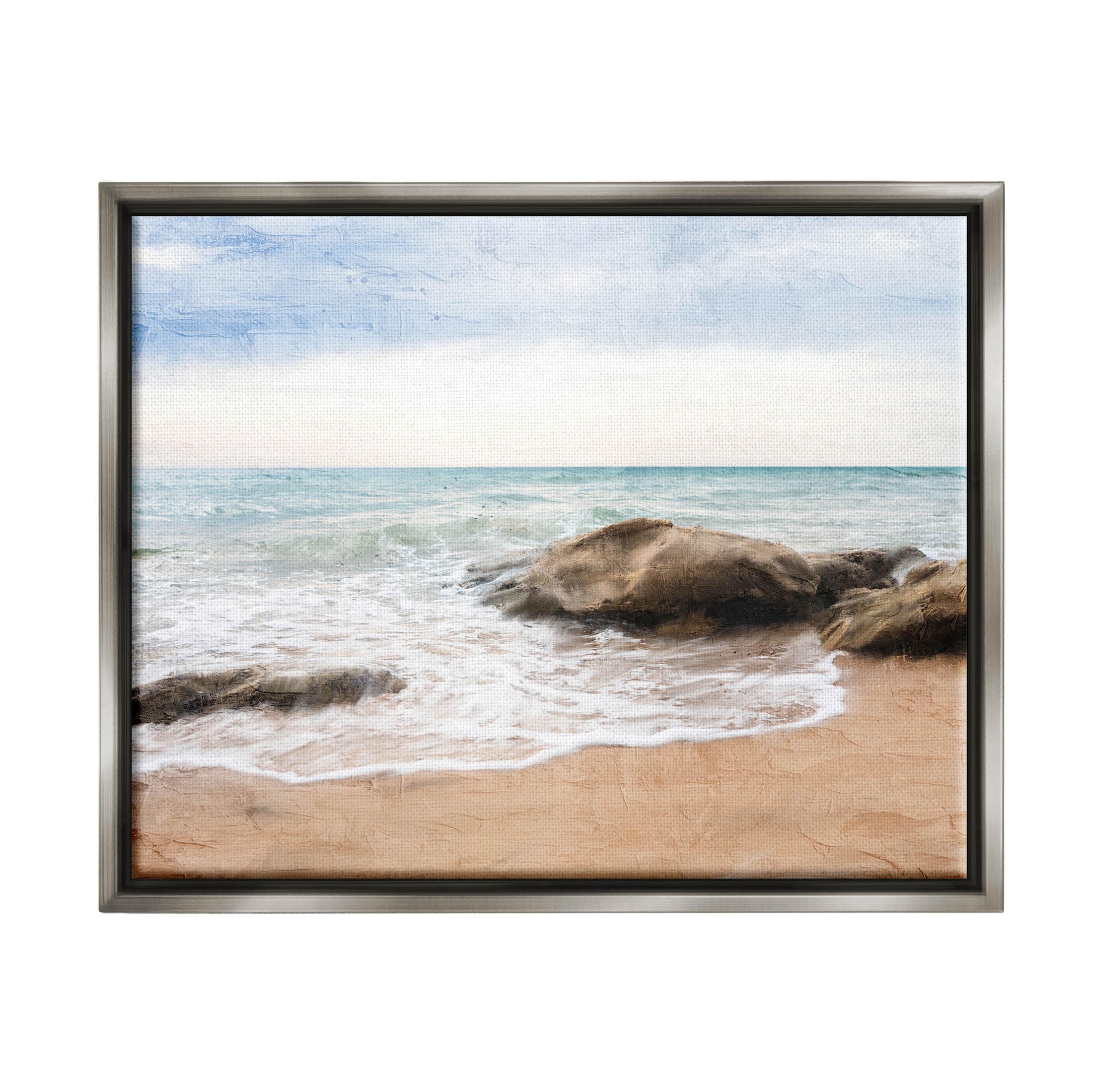 Stupell Industries Rocky Crashing Beach Waves Graphic Art Luster Gray Floating Framed Canvas Print Wall Art, Design by Ann Bailey
