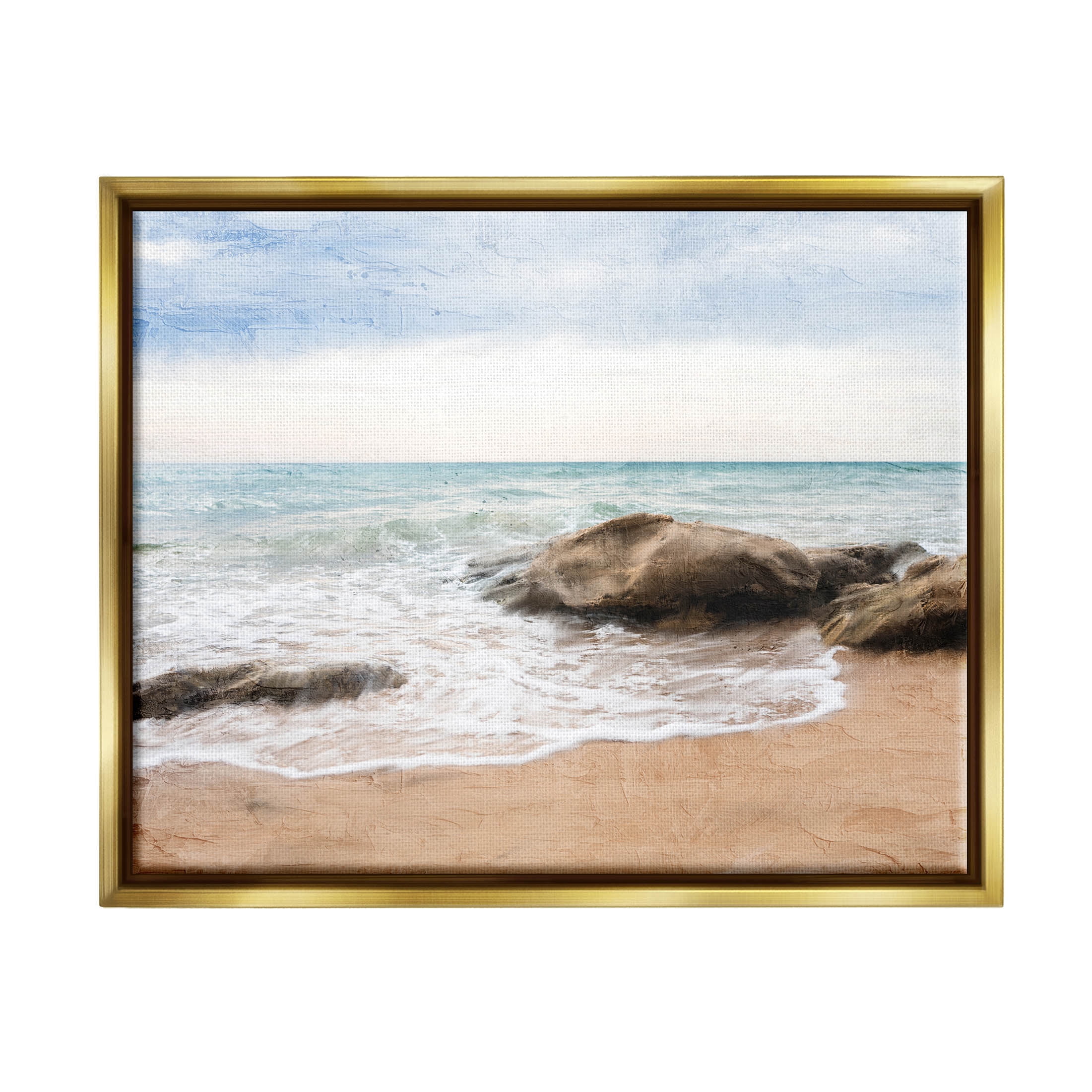 Stupell Industries Rocky Crashing Beach Waves Graphic Art Metallic Gold Floating Framed Canvas Print Wall Art, Design by Ann Bailey